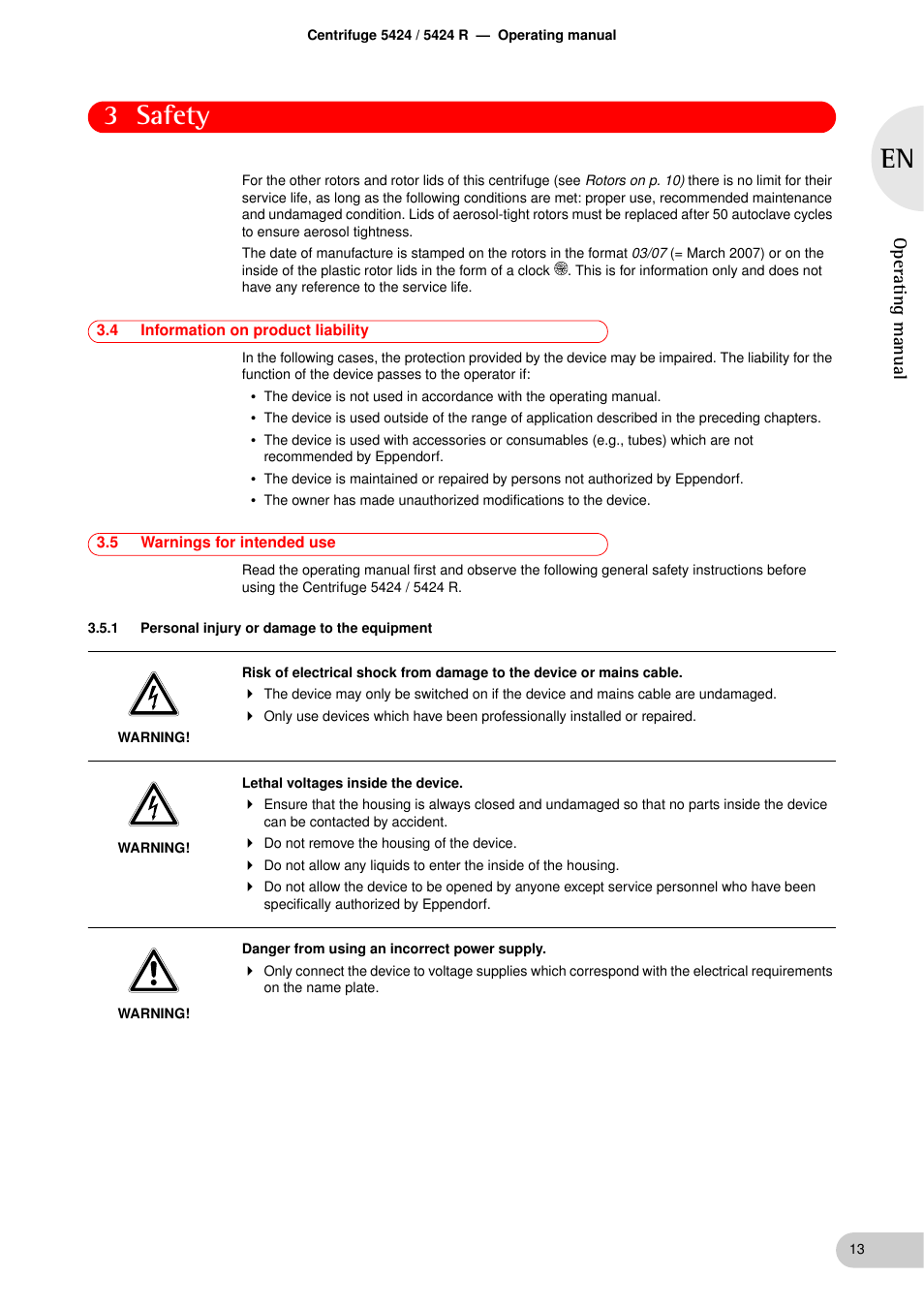 4 information on product liability, 5 warnings for intended use, 1 personal injury or damage to the equipment | Information on product liability, Warnings for intended use 3.5.1, Personal injury or damage to the equipment, 3 safety | Eppendorf 5424 R Centrifuge User Manual | Page 13 / 71