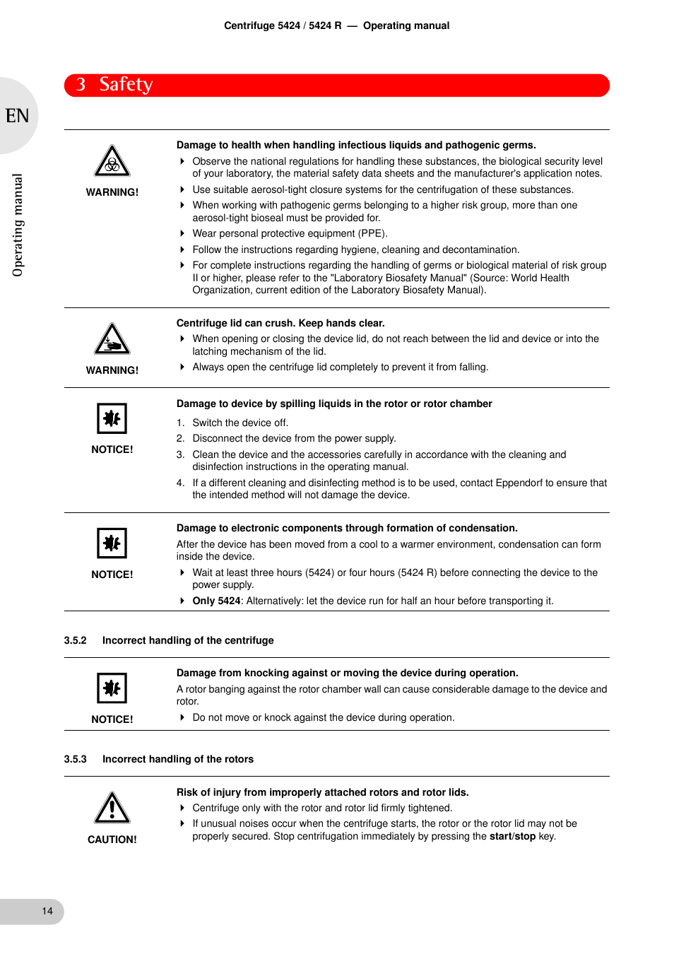 2 incorrect handling of the centrifuge, 3 incorrect handling of the rotors, Incorrect handling of the centrifuge | Incorrect handling of the rotors, 3 safety, Oper at ing man u al | Eppendorf 5424 R Centrifuge User Manual | Page 14 / 71