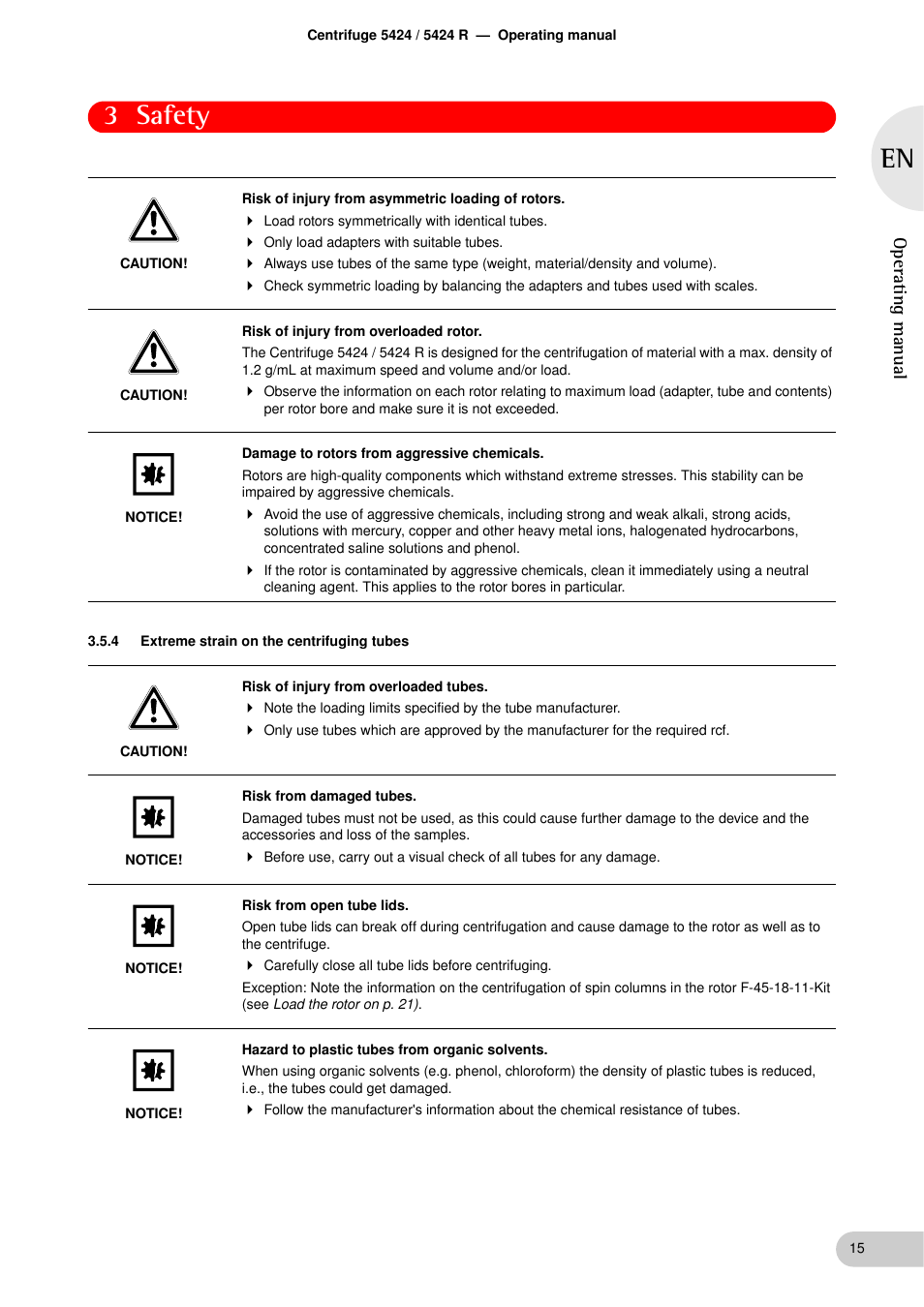 4 extreme strain on the centrifuging tubes, Extreme strain on the centrifuging tubes, 3 safety | Operating manual | Eppendorf 5424 R Centrifuge User Manual | Page 15 / 71