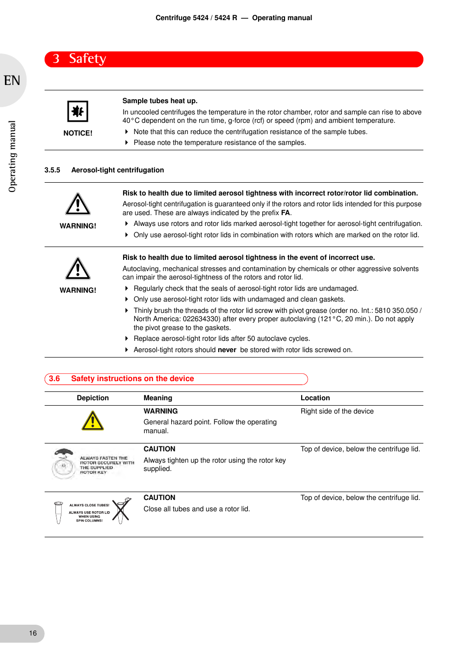 5 aerosol-tight centrifugation, 6 safety instructions on the device, Aerosol-tight centrifugation | Safety instructions on the device, 3 safety | Eppendorf 5424 R Centrifuge User Manual | Page 16 / 71