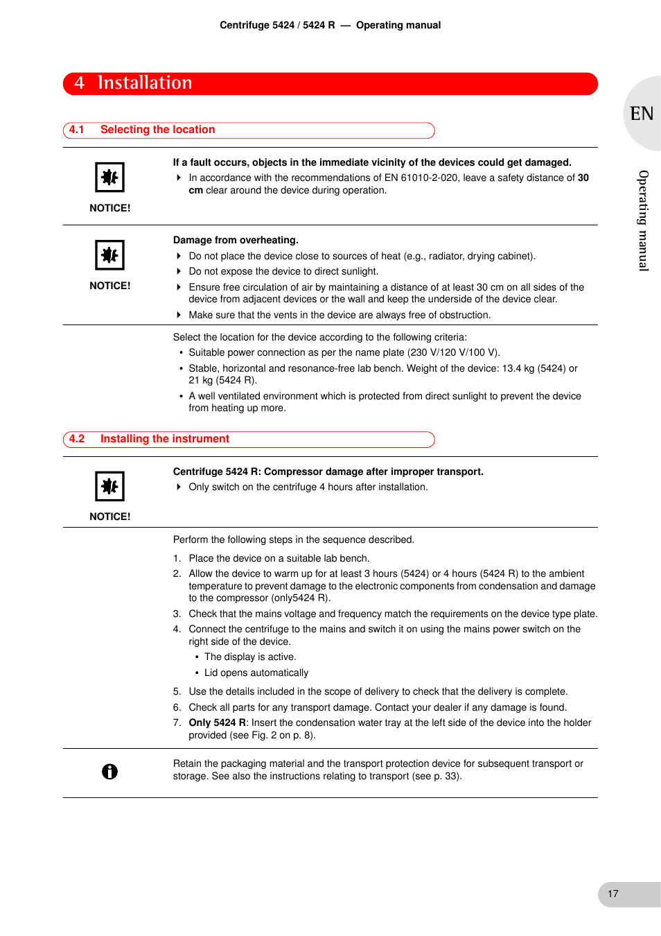 Installation, 1 selecting the location, 2 installing the instrument | Installation 4.1, Selecting the location, Installing the instrument, 4 installation, Operating manual | Eppendorf 5424 R Centrifuge User Manual | Page 17 / 71