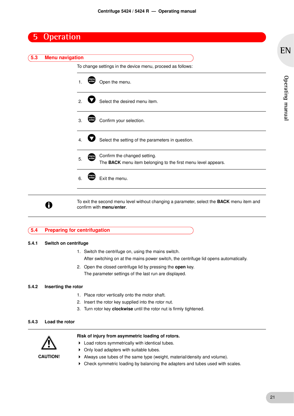 3 menu navigation, 4 preparing for centrifugation, 1 switch on centrifuge | 2 inserting the rotor, 3 load the rotor, Menu navigation, Preparing for centrifugation 5.4.1, Switch on centrifuge, Inserting the rotor, Load the rotor | Eppendorf 5424 R Centrifuge User Manual | Page 21 / 71