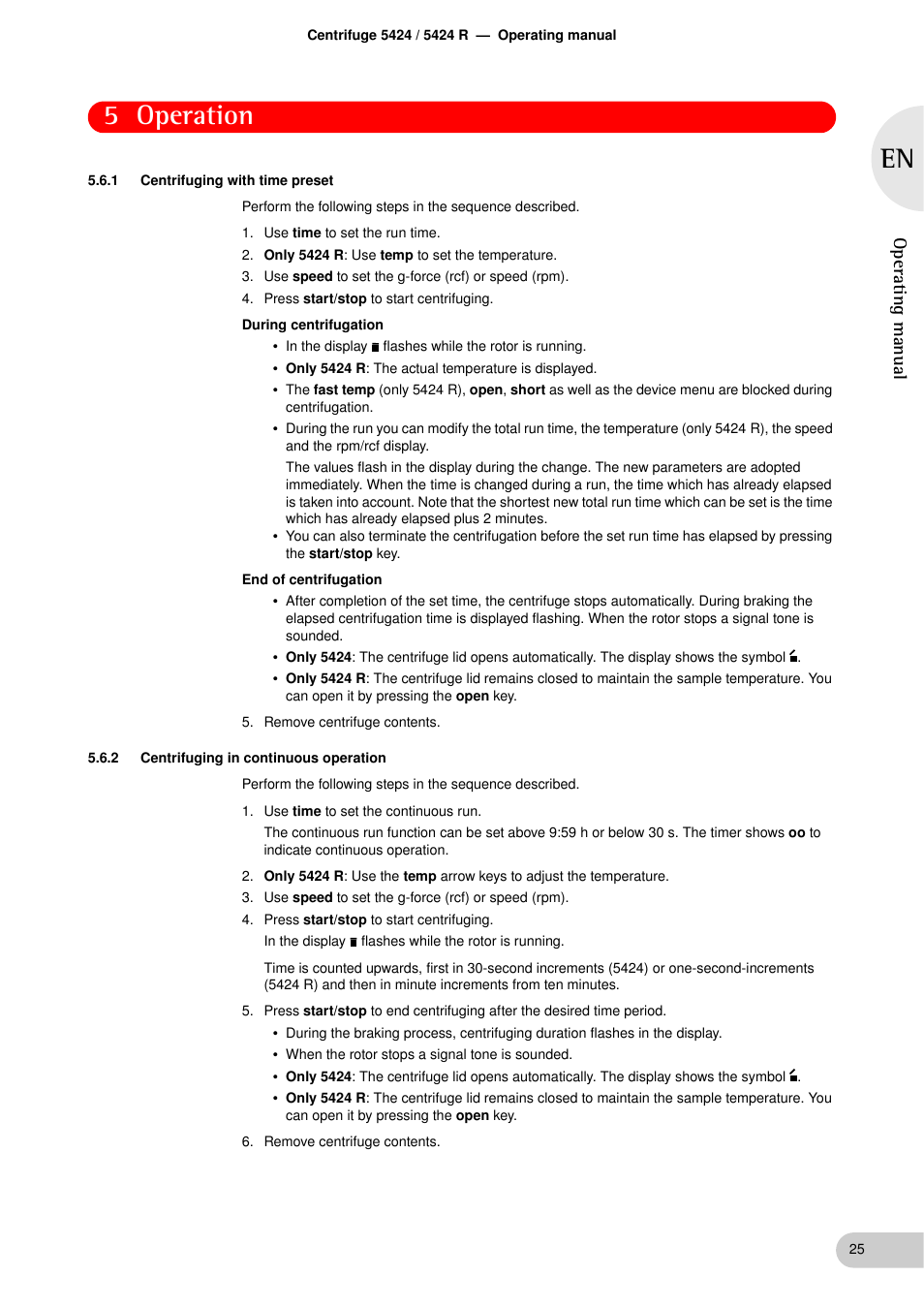 1 centrifuging with time preset, 2 centrifuging in continuous operation, Centrifuging with time preset | Centrifuging in continuous operation, 5 operation, Operating manual | Eppendorf 5424 R Centrifuge User Manual | Page 25 / 71