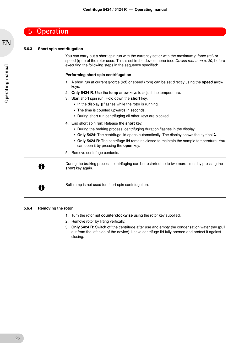 3 short spin centrifugation, 4 removing the rotor, Short spin centrifugation | Removing the rotor, See short spin centrifugation on p. 26), 5 operation, Oper at ing man u al | Eppendorf 5424 R Centrifuge User Manual | Page 26 / 71