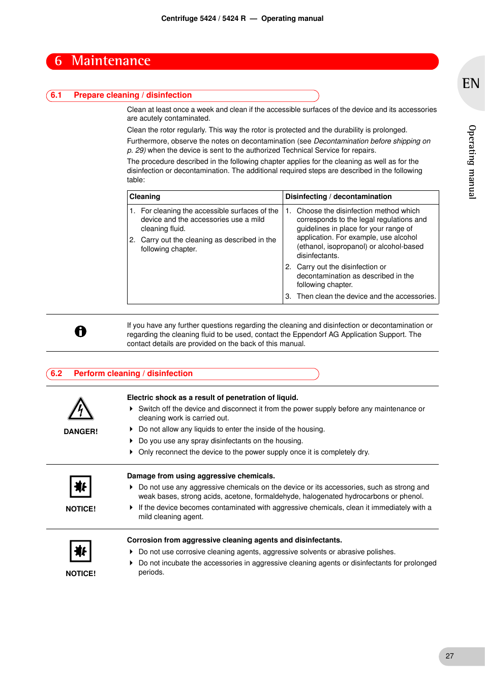 Maintenance, 1 prepare cleaning / disinfection, 2 perform cleaning / disinfection | Maintenance 6.1, Prepare cleaning / disinfection, Perform cleaning / disinfection, 6 maintenance, Operating manual | Eppendorf 5424 R Centrifuge User Manual | Page 27 / 71