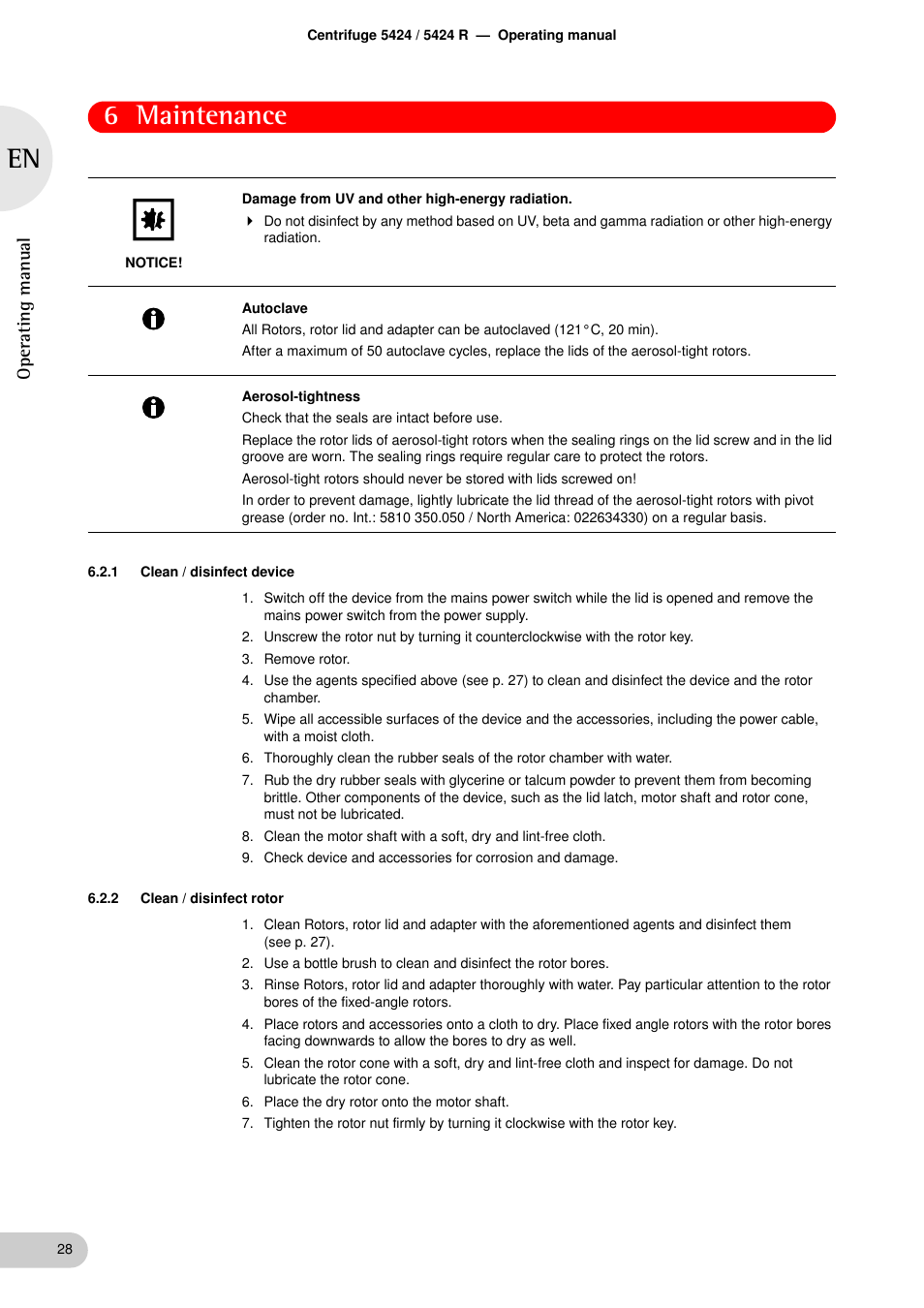 1 clean / disinfect device, 2 clean / disinfect rotor, Clean / disinfect device | Clean / disinfect rotor, 6 maintenance, Oper at ing man u al | Eppendorf 5424 R Centrifuge User Manual | Page 28 / 71