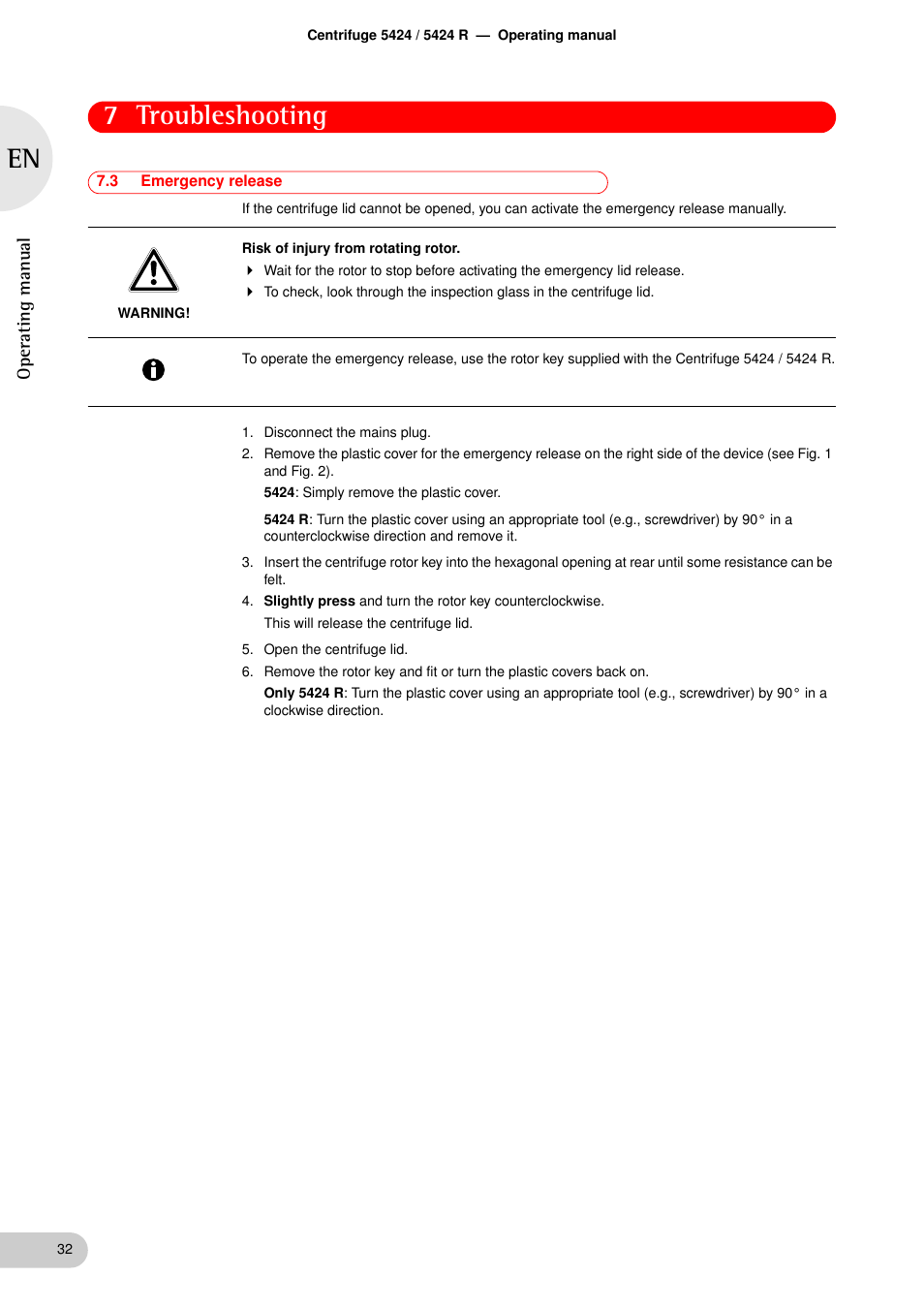 3 emergency release, Emergency release, 7 troubleshooting | Eppendorf 5424 R Centrifuge User Manual | Page 32 / 71