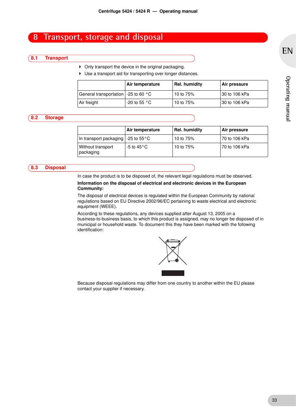 Transport, storage and disposal, 1 transport, 2 storage | 3 disposal, Transport, storage and disposal 8.1, Transport, Storage, Disposal, 8 transport, storage and disposal, Operating manual | Eppendorf 5424 R Centrifuge User Manual | Page 33 / 71