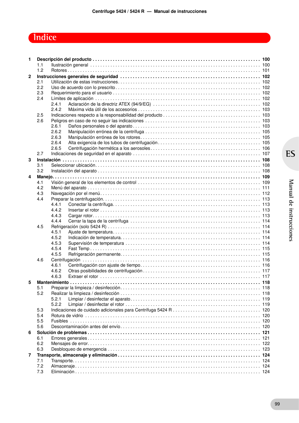 Manual de instrucciones, Índice | Eppendorf 5424 R Centrifuge User Manual | Page 39 / 71