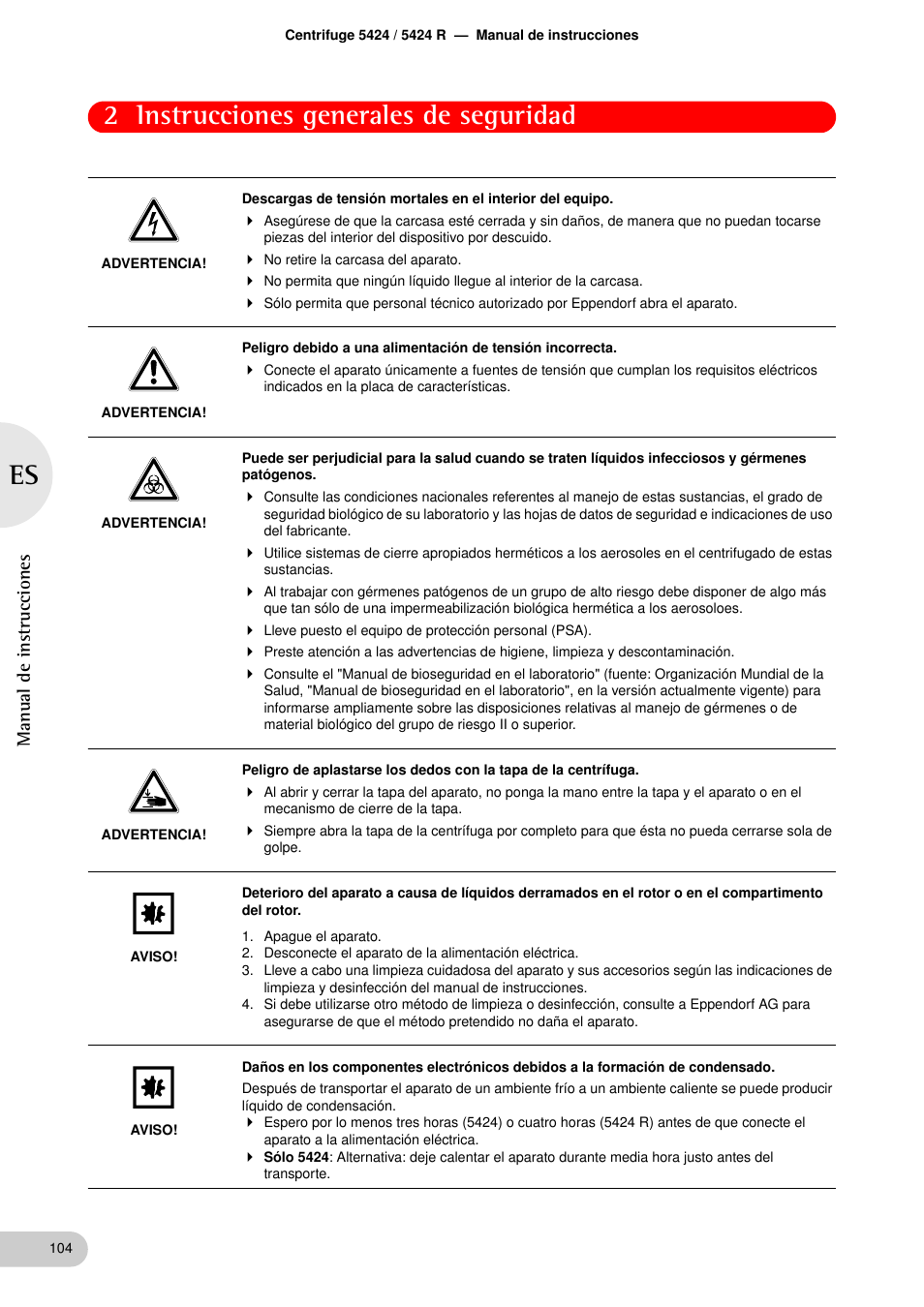 2 instrucciones generales de seguridad, Manual de instrucciones | Eppendorf 5424 R Centrifuge User Manual | Page 44 / 71