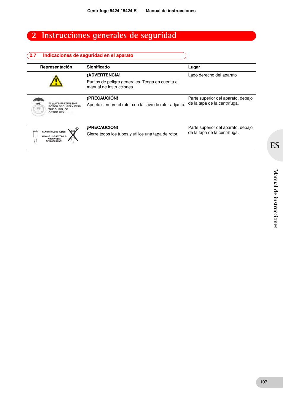 7 indicaciones de seguridad en el aparato, Indicaciones de seguridad en el aparato, 2 instrucciones generales de seguridad | Eppendorf 5424 R Centrifuge User Manual | Page 47 / 71