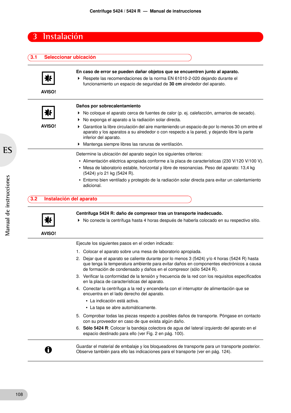 Instalación, 1 seleccionar ubicación, 2 instalación del aparato | Instalación 3.1, Seleccionar ubicación, Instalación del aparato, 3 instalación, Manual de instrucciones | Eppendorf 5424 R Centrifuge User Manual | Page 48 / 71