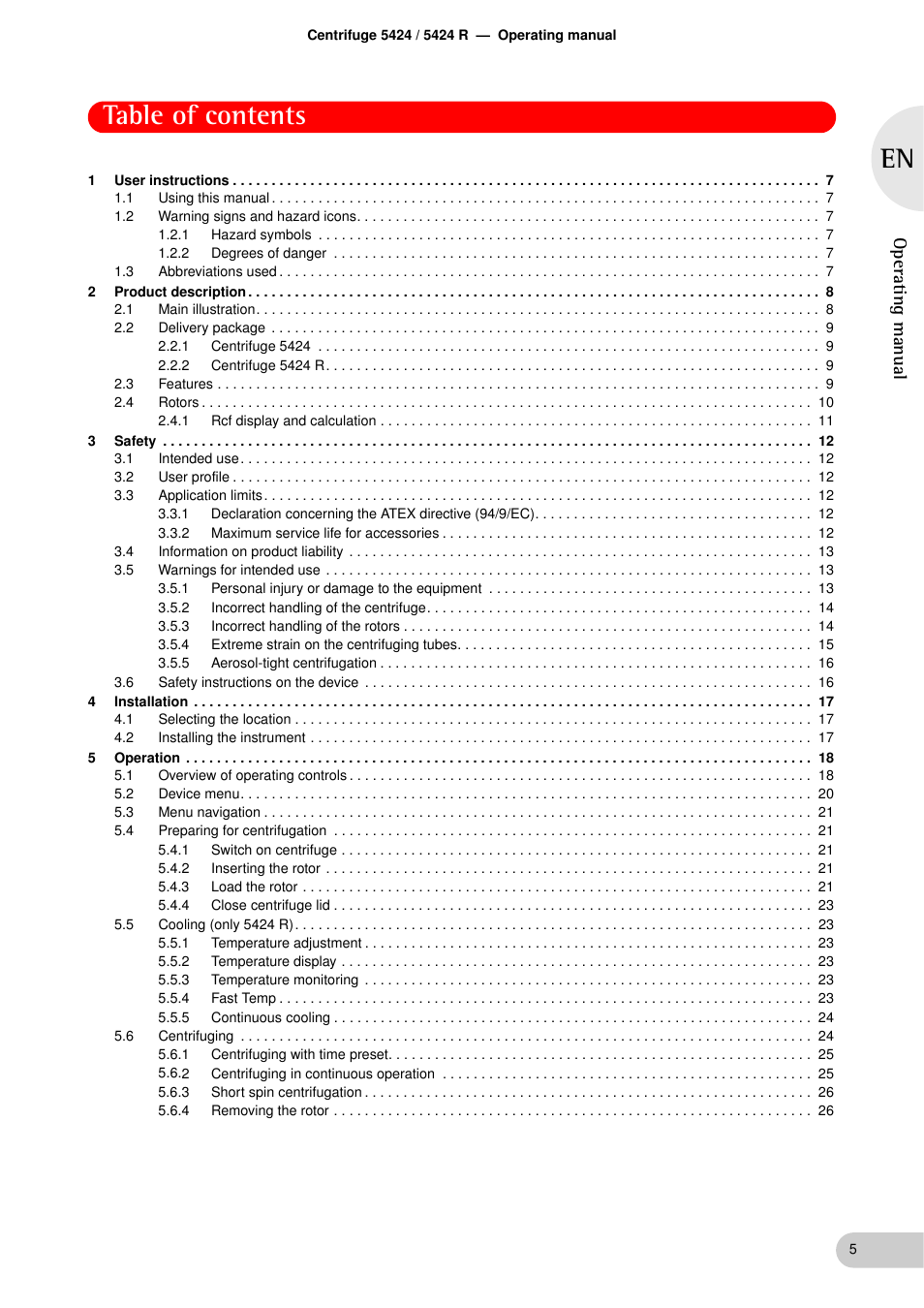 Eppendorf 5424 R Centrifuge User Manual | Page 5 / 71