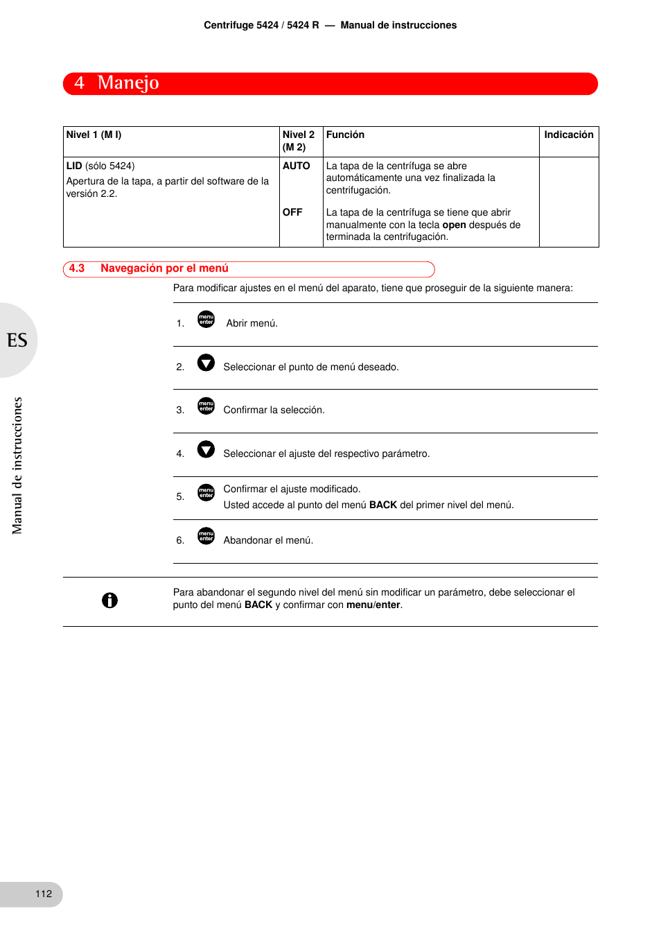 3 navegación por el menú, Navegación por el menú, 4 manejo | Manual de instrucciones | Eppendorf 5424 R Centrifuge User Manual | Page 52 / 71