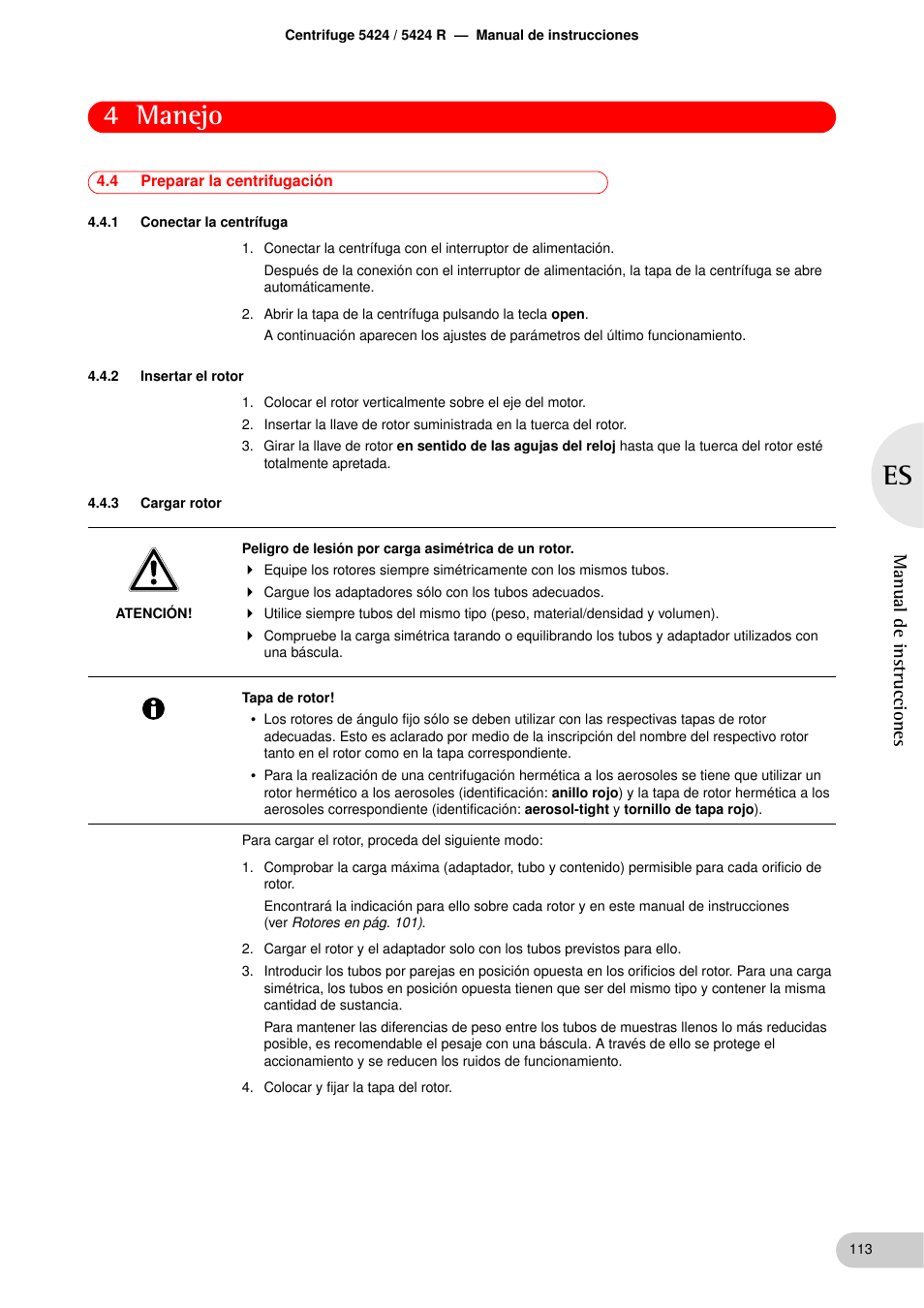 4 preparar la centrifugación, 1 conectar la centrífuga, 2 insertar el rotor | 3 cargar rotor, Preparar la centrifugación 4.4.1, Conectar la centrífuga, Insertar el rotor, Cargar rotor, 4 manejo, Manual de instrucciones | Eppendorf 5424 R Centrifuge User Manual | Page 53 / 71