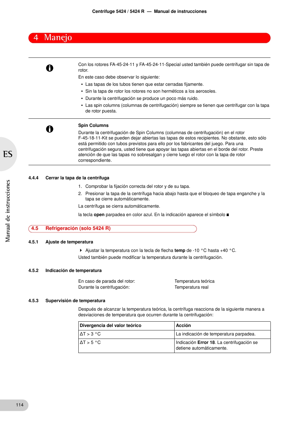 4 cerrar la tapa de la centrífuga, 5 refrigeración (solo 5424 r), 1 ajuste de temperatura | 2 indicación de temperatura, 3 supervisión de temperatura, Cerrar la tapa de la centrífuga, Refrigeración (solo 5424 r) 4.5.1, Ajuste de temperatura, Indicación de temperatura, Supervisión de temperatura | Eppendorf 5424 R Centrifuge User Manual | Page 54 / 71