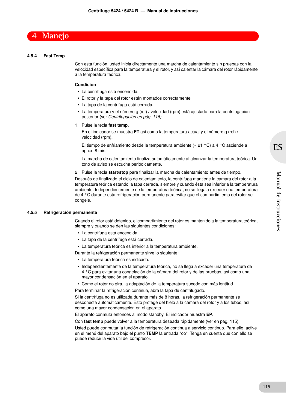 4 fast temp, 5 refrigeración permanente, Fast temp | Refrigeración permanente, 4 manejo, Manual de instrucciones | Eppendorf 5424 R Centrifuge User Manual | Page 55 / 71