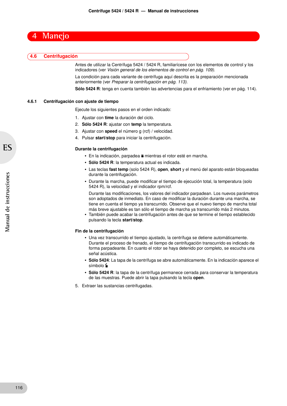 6 centrifugación, 1 centrifugación con ajuste de tiempo, Centrifugación 4.6.1 | Centrifugación con ajuste de tiempo, 4 manejo | Eppendorf 5424 R Centrifuge User Manual | Page 56 / 71