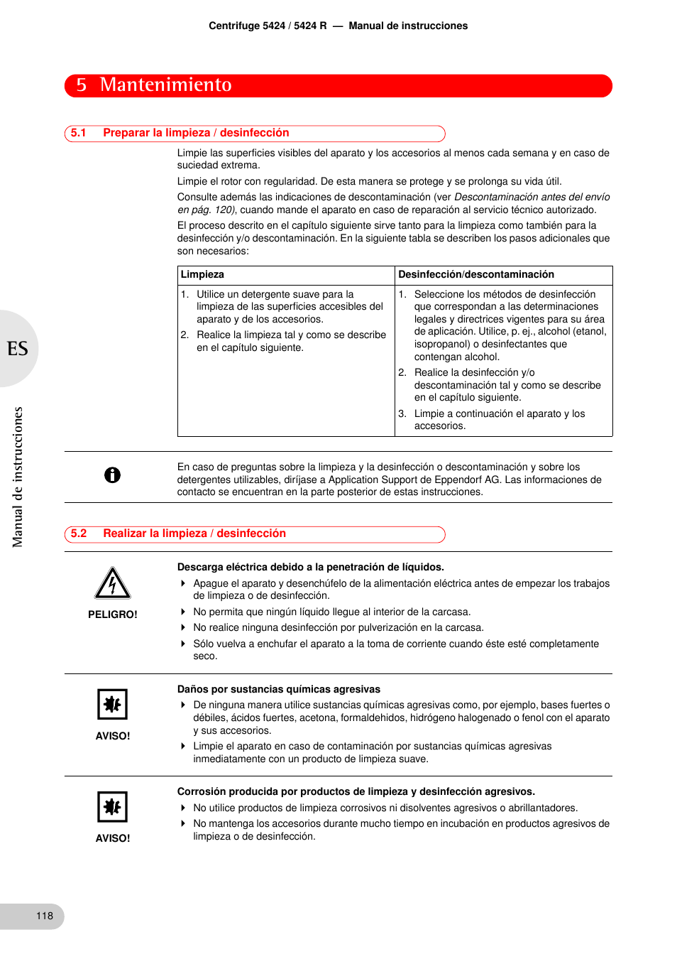 Mantenimiento, 1 preparar la limpieza / desinfección, 2 realizar la limpieza / desinfección | Mantenimiento 5.1, Preparar la limpieza / desinfección, Realizar la limpieza / desinfección, 5 mantenimiento, Manual de instrucciones | Eppendorf 5424 R Centrifuge User Manual | Page 58 / 71