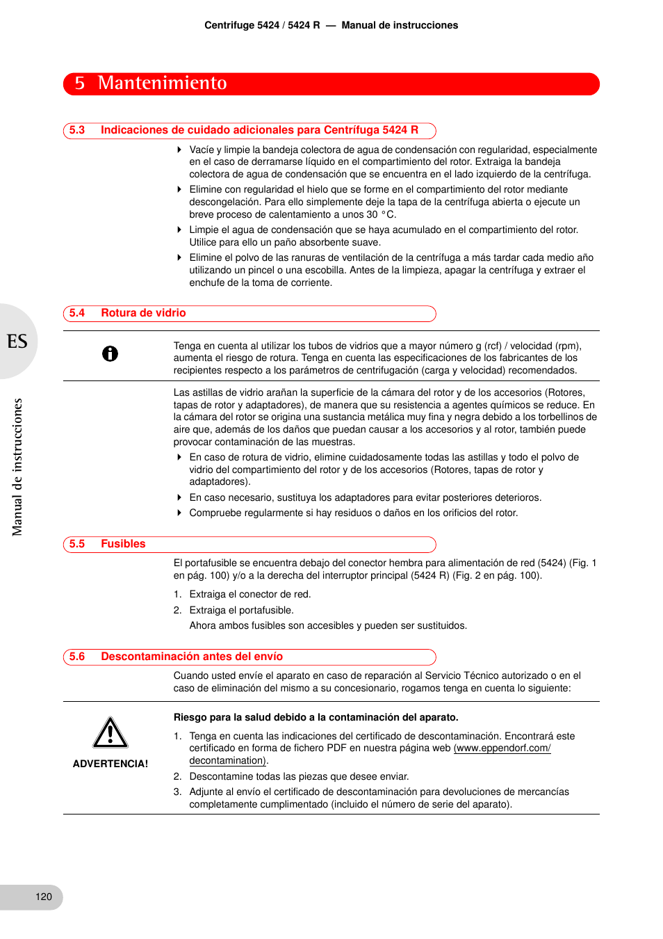 4 rotura de vidrio, 5 fusibles, 6 descontaminación antes del envío | Rotura de vidrio, Fusibles, Descontaminación antes del envío, 5 mantenimiento, Manual de instrucciones | Eppendorf 5424 R Centrifuge User Manual | Page 60 / 71