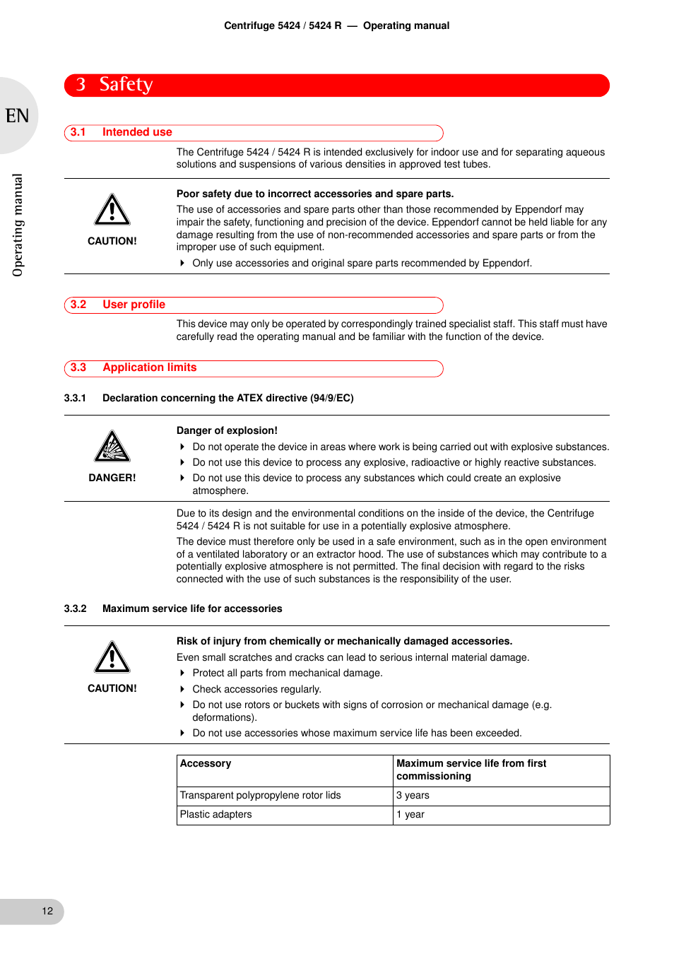Safety, 1 intended use, 2 user profile | 3 application limits, 2 maximum service life for accessories, Safety 3.1, Intended use, User profile, Application limits 3.3.1, Maximum service life for accessories | Eppendorf 5424 R Centrifuge User Manual | Page 12 / 44