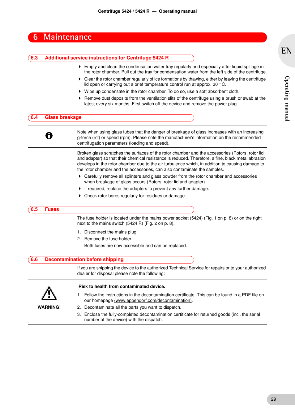 4 glass breakage, 5 fuses, 6 decontamination before shipping | Glass breakage, Fuses, Decontamination before shipping, 6 maintenance, Operating manual | Eppendorf 5424 R Centrifuge User Manual | Page 29 / 44