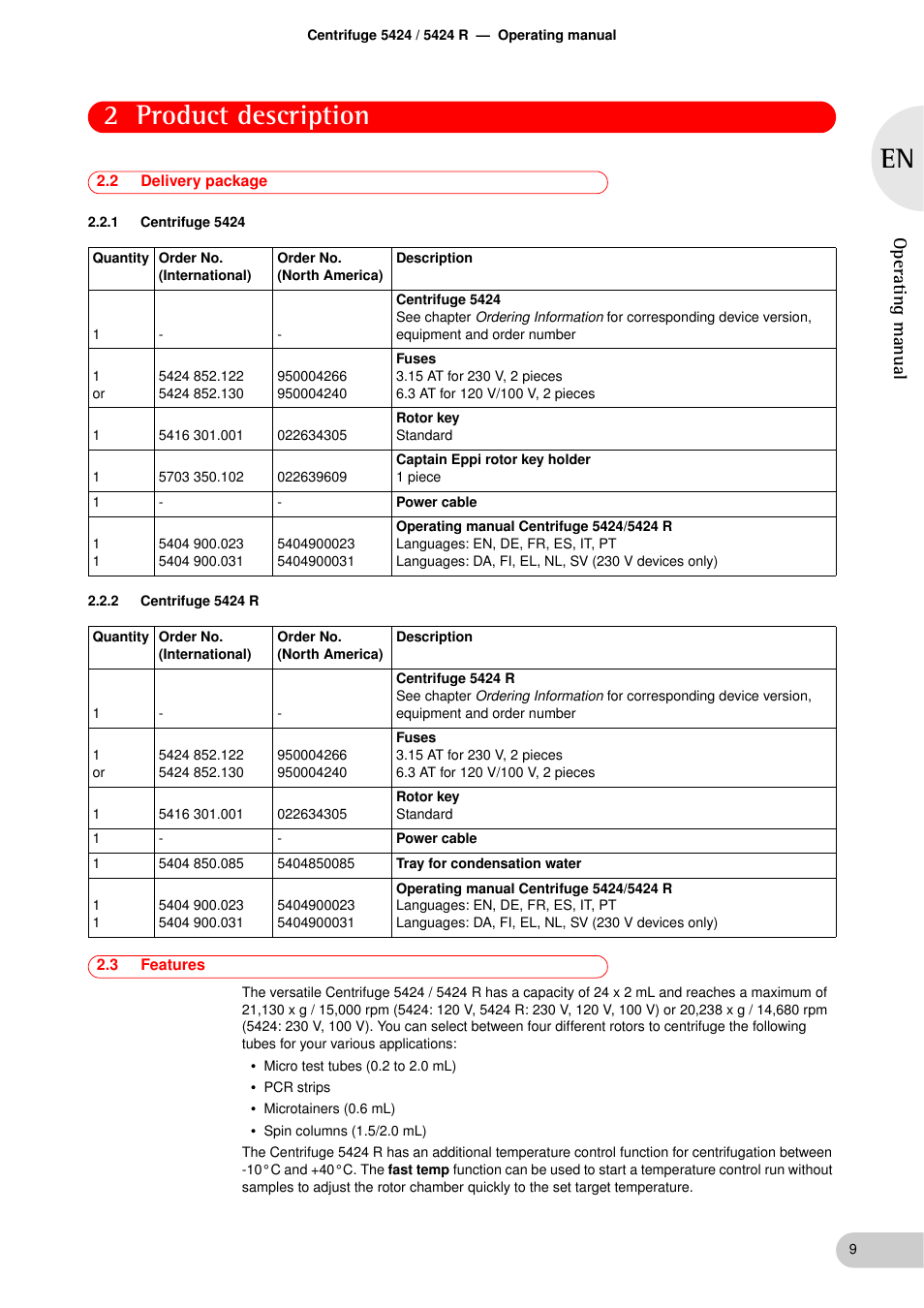 2 delivery package, 1 centrifuge 5424, 2 centrifuge 5424 r | 3 features, Delivery package 2.2.1, Centrifuge 5424, Centrifuge 5424 r, Features, 2 product description, Operating manual | Eppendorf 5424 R Centrifuge User Manual | Page 9 / 44