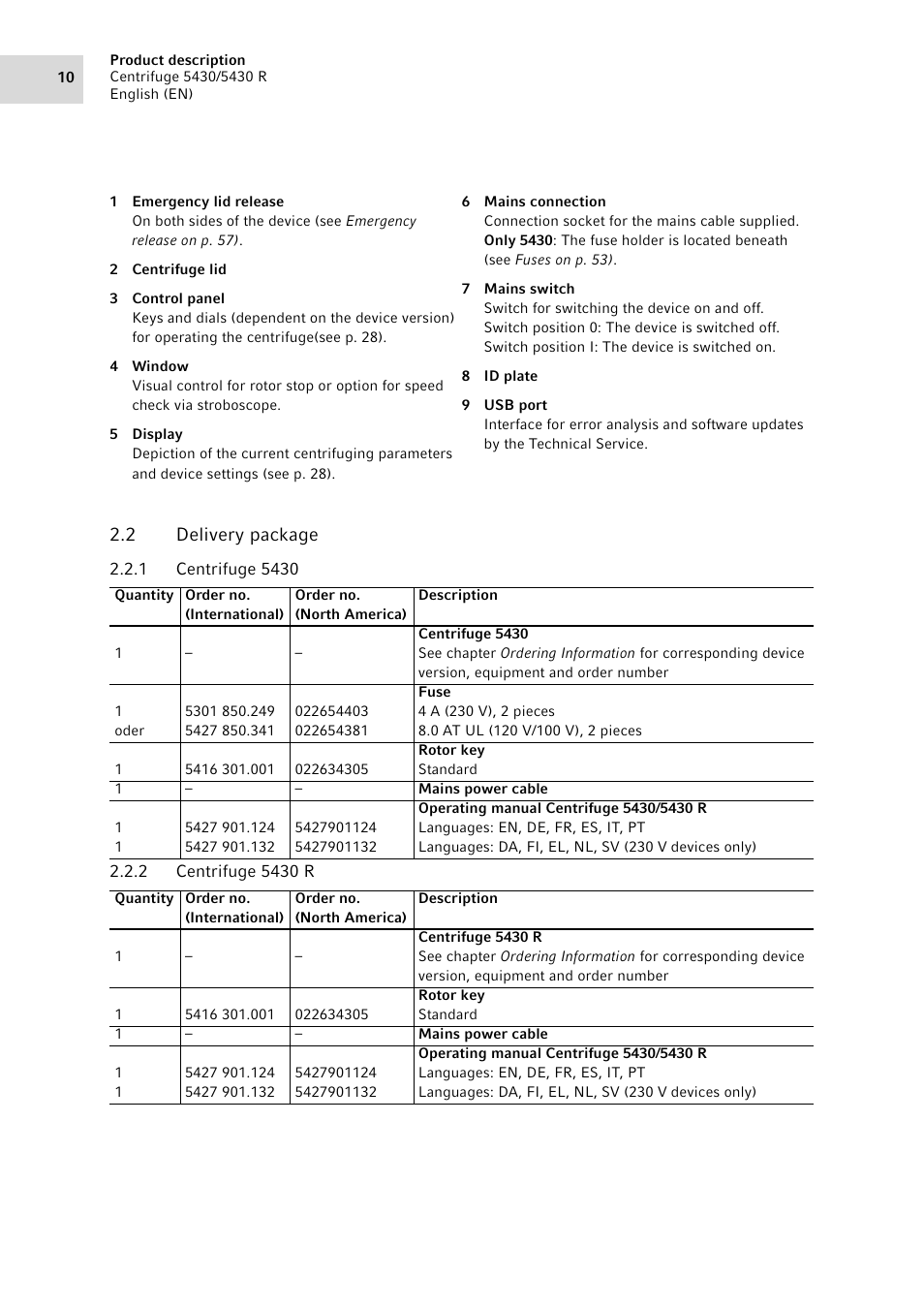 2 delivery package, 1 centrifuge 5430, 2 centrifuge 5430 r | Delivery package 2.2.1, Centrifuge 5430, Centrifuge 5430 r | Eppendorf 5430 R Centrifuge User Manual | Page 10 / 88