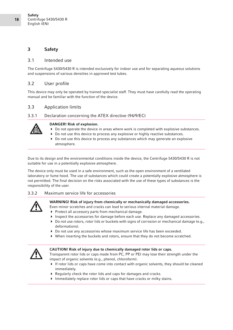 3 safety, 1 intended use, 2 user profile | 3 application limits, 2 maximum service life for accessories, Safety 3.1, Intended use, User profile, Application limits 3.3.1, Maximum service life for accessories | Eppendorf 5430 R Centrifuge User Manual | Page 18 / 88