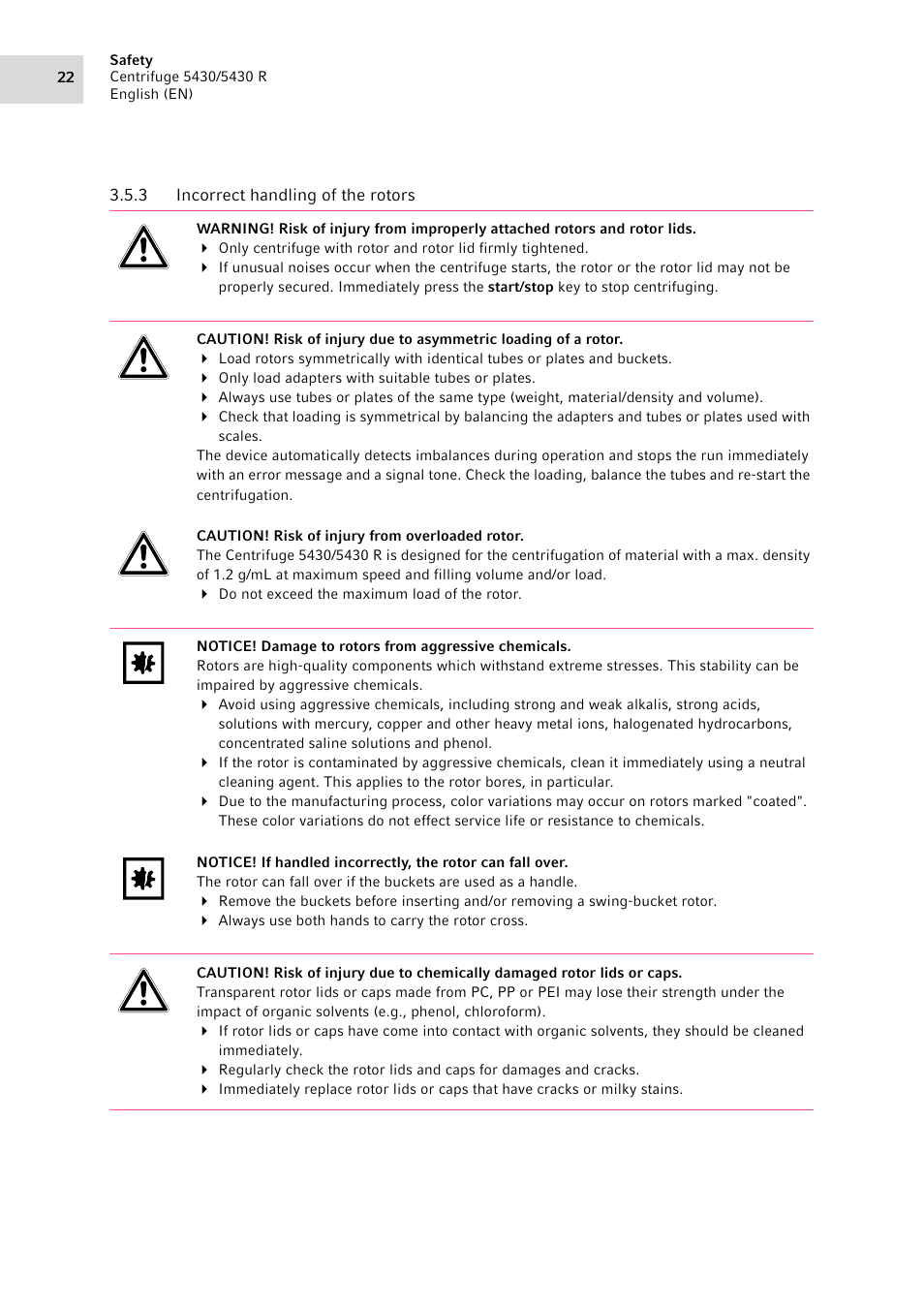 3 incorrect handling of the rotors, Incorrect handling of the rotors | Eppendorf 5430 R Centrifuge User Manual | Page 22 / 88