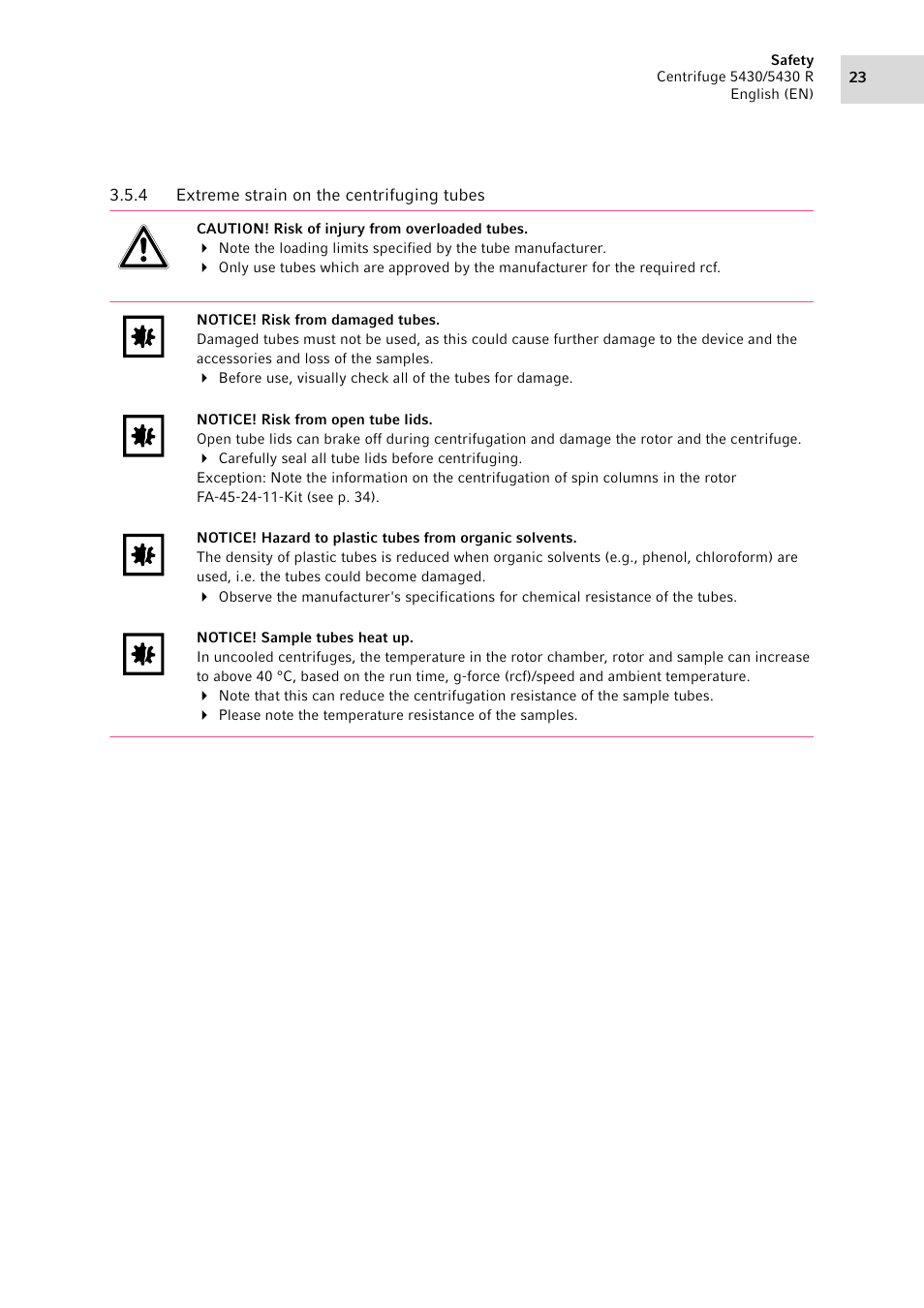 4 extreme strain on the centrifuging tubes, Extreme strain on the centrifuging tubes | Eppendorf 5430 R Centrifuge User Manual | Page 23 / 88