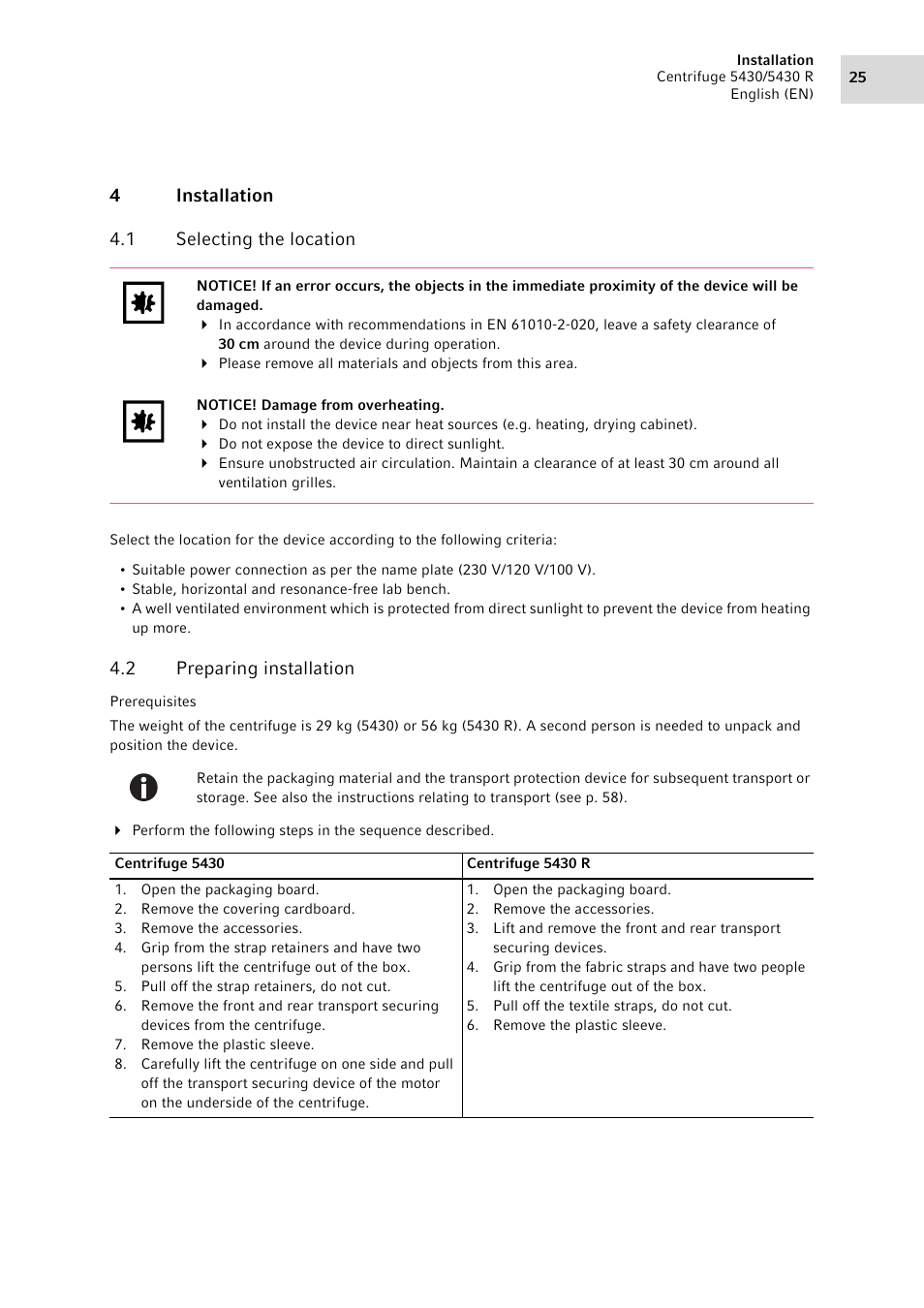 4 installation, 1 selecting the location, 2 preparing installation | Installation 4.1, Selecting the location, Preparing installation, 4installation 4.1 selecting the location | Eppendorf 5430 R Centrifuge User Manual | Page 25 / 88