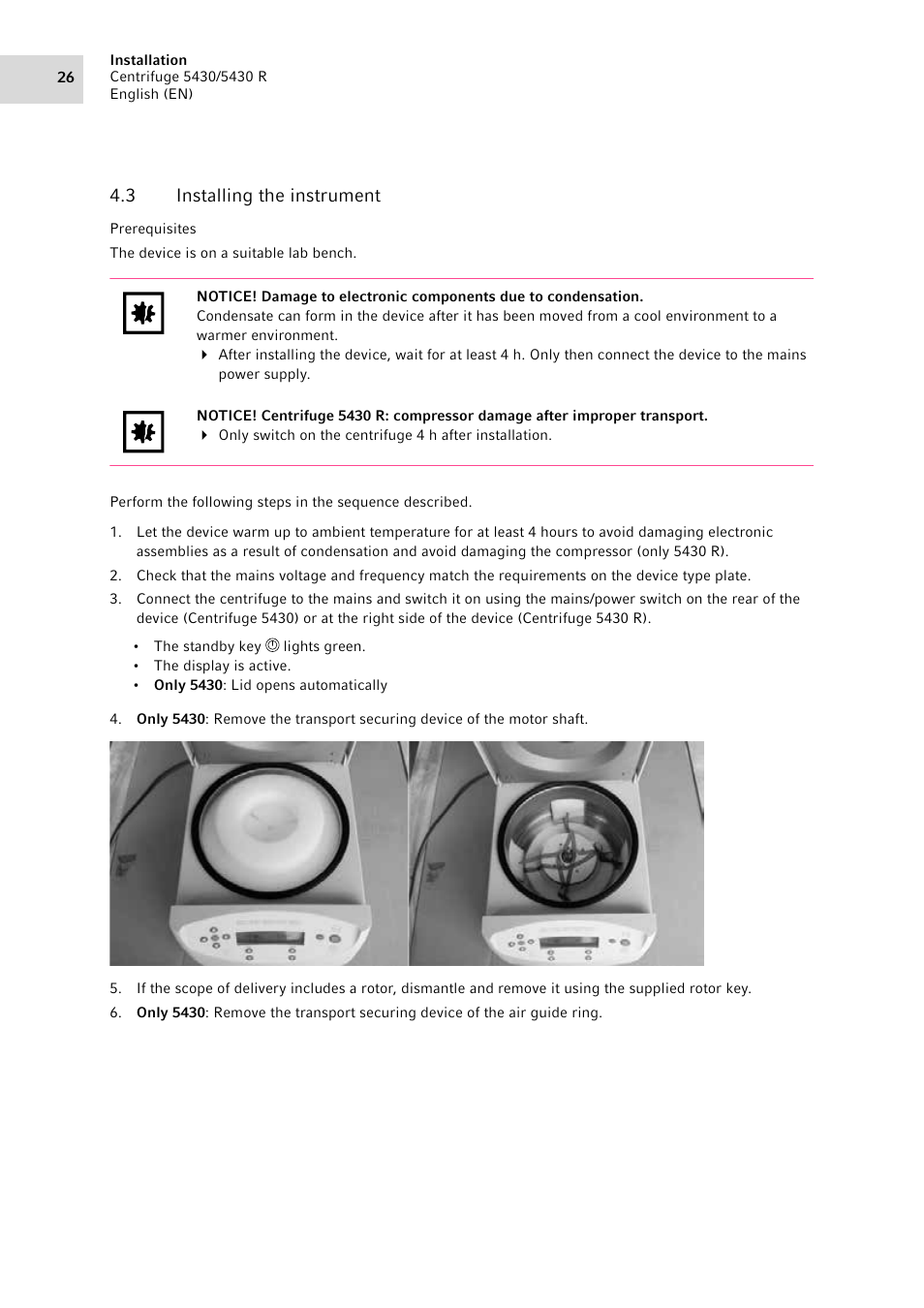 3 installing the instrument, Installing the instrument | Eppendorf 5430 R Centrifuge User Manual | Page 26 / 88