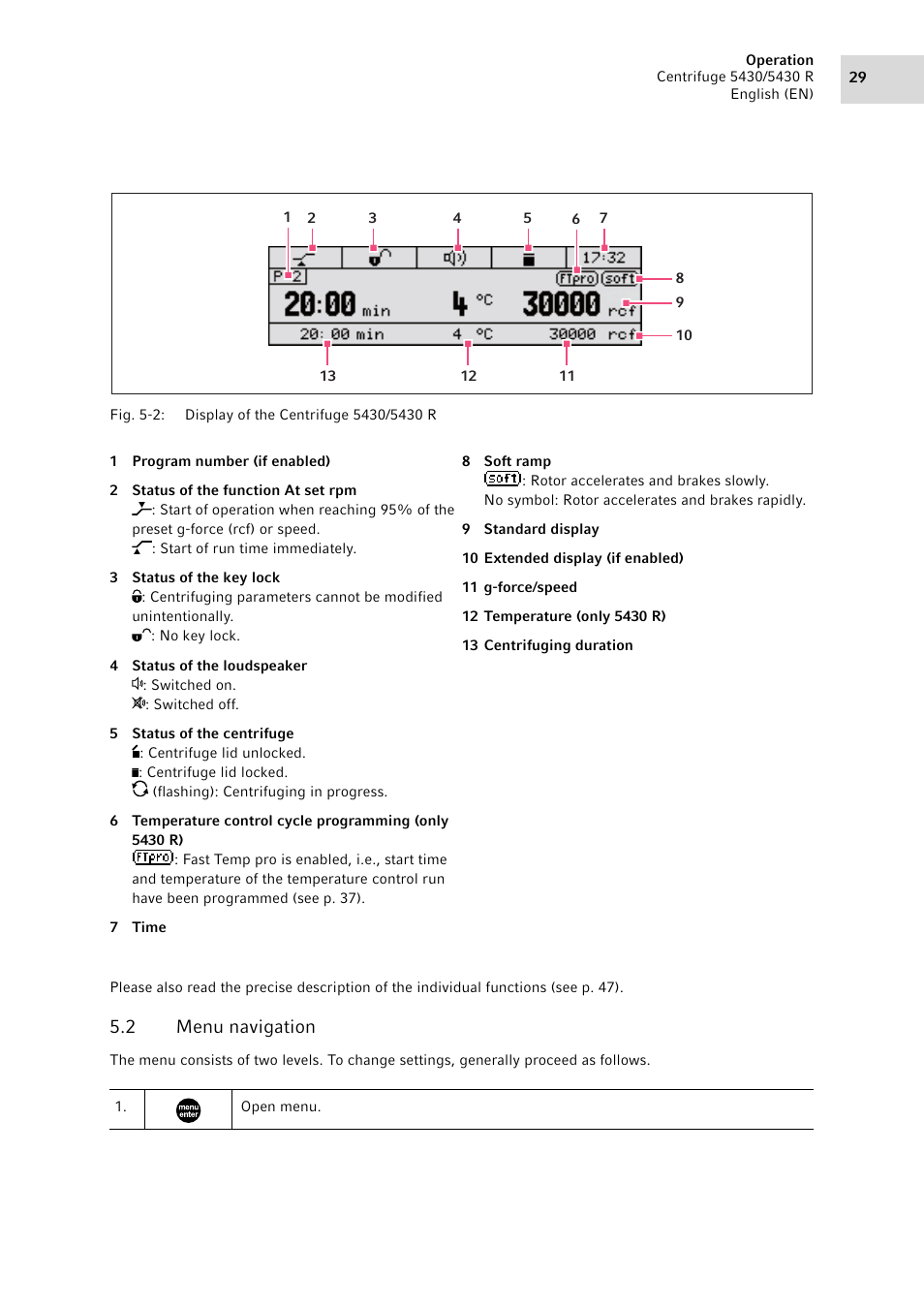 2 menu navigation, Menu navigation, See p. 29) | Eppendorf 5430 R Centrifuge User Manual | Page 29 / 88