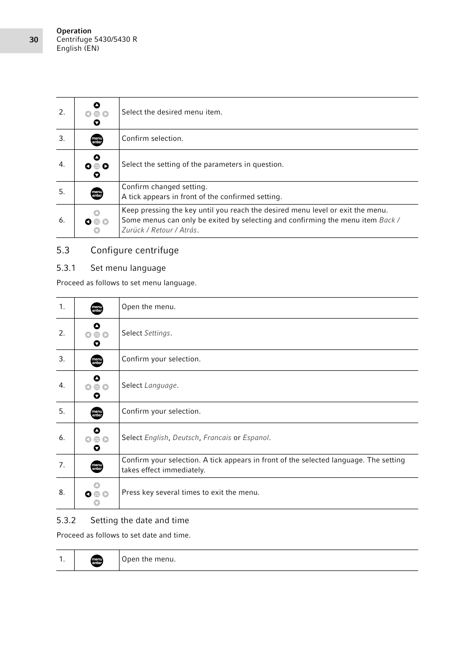 3 configure centrifuge, 1 set menu language, 2 setting the date and time | Configure centrifuge 5.3.1, Set menu language, Setting the date and time | Eppendorf 5430 R Centrifuge User Manual | Page 30 / 88