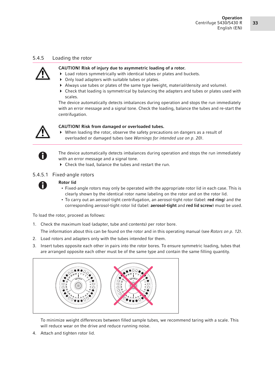 5 loading the rotor, Loading the rotor | Eppendorf 5430 R Centrifuge User Manual | Page 33 / 88