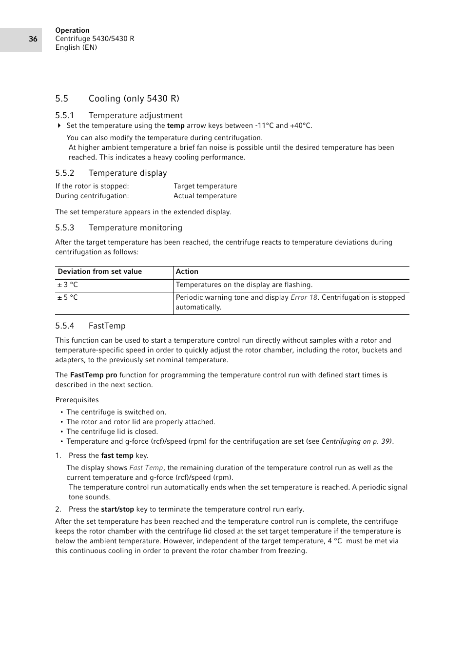 5 cooling (only 5430 r), 1 temperature adjustment, 2 temperature display | 3 temperature monitoring, 4 fasttemp, Cooling (only 5430 r) 5.5.1, Temperature adjustment, Temperature display, Temperature monitoring, Fasttemp | Eppendorf 5430 R Centrifuge User Manual | Page 36 / 88