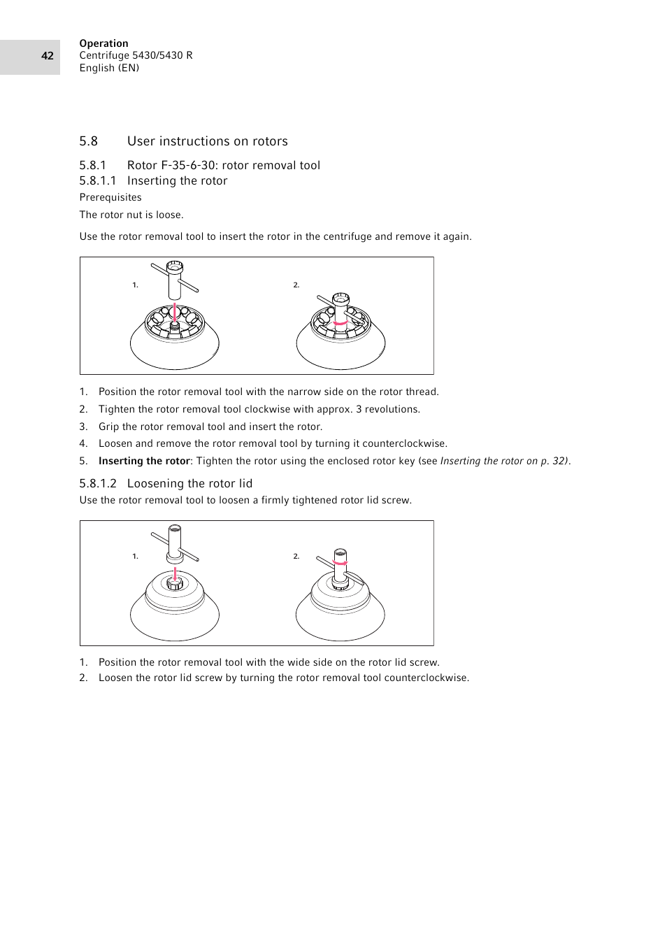 8 user instructions on rotors, 1 rotor f-35-6-30: rotor removal tool, User instructions on rotors 5.8.1 | Rotor f-35-6-30: rotor removal tool | Eppendorf 5430 R Centrifuge User Manual | Page 42 / 88