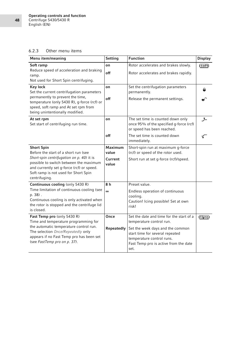 3 other menu items, Other menu items | Eppendorf 5430 R Centrifuge User Manual | Page 48 / 88