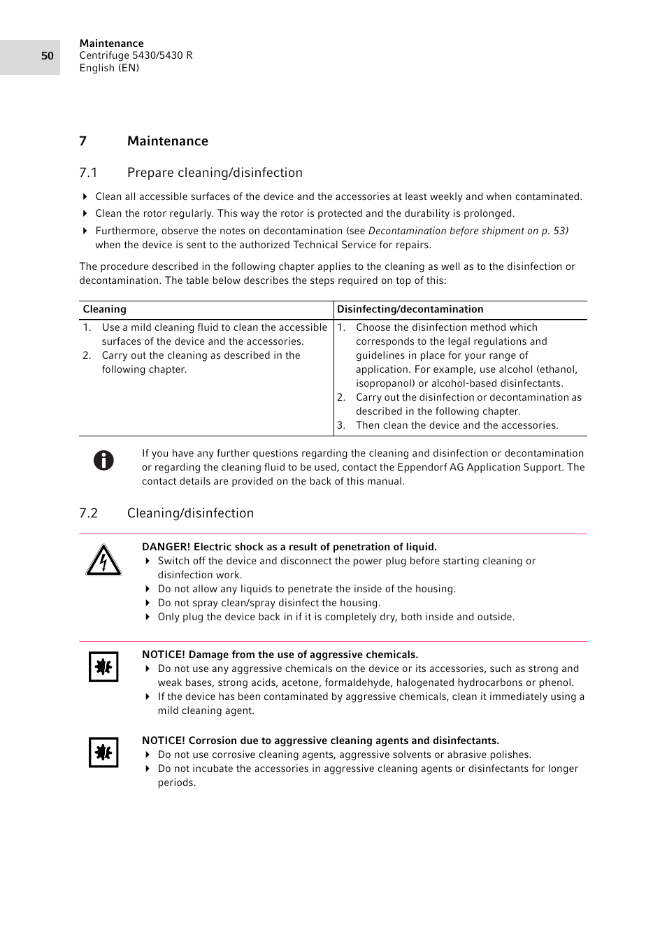 7 maintenance, 1 prepare cleaning/disinfection, 2 cleaning/disinfection | Maintenance 7.1, Prepare cleaning/disinfection, Cleaning/disinfection | Eppendorf 5430 R Centrifuge User Manual | Page 50 / 88