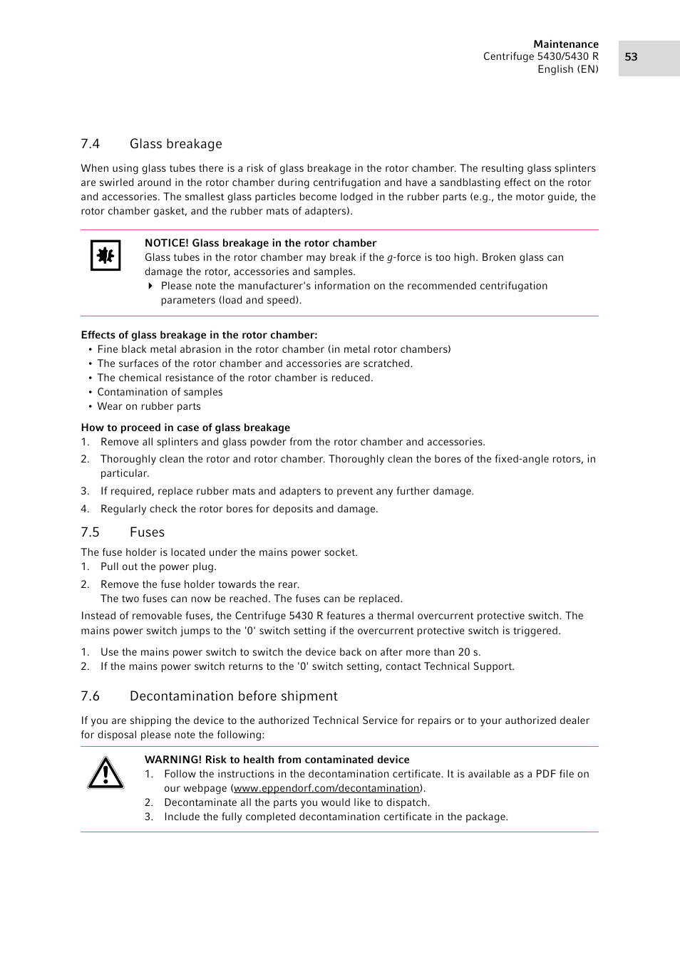 4 glass breakage, 5 fuses, 6 decontamination before shipment | Glass breakage, Fuses, Decontamination before shipment, See fuses on p. 53) | Eppendorf 5430 R Centrifuge User Manual | Page 53 / 88