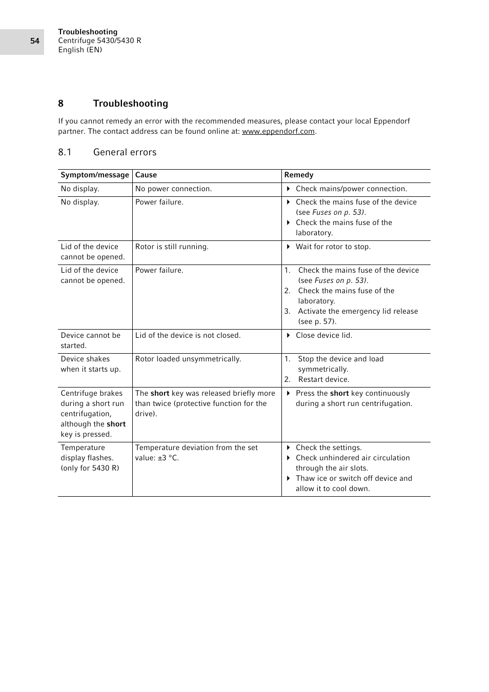 8 troubleshooting, 1 general errors, Troubleshooting 8.1 | General errors, 8troubleshooting | Eppendorf 5430 R Centrifuge User Manual | Page 54 / 88