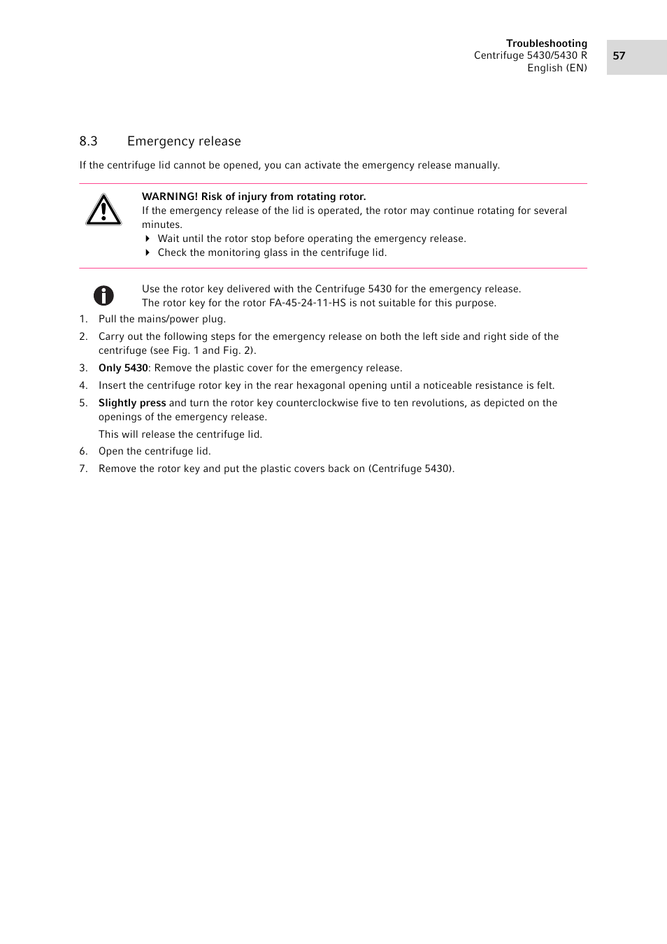 3 emergency release, Emergency release, See emergency release on p. 57) | Eppendorf 5430 R Centrifuge User Manual | Page 57 / 88