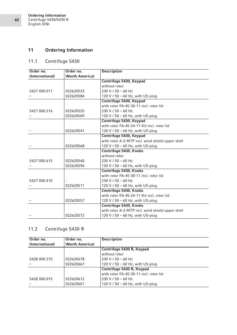 11 ordering information, 1 centrifuge 5430, 2 centrifuge 5430 r | Centrifuge 5430, Centrifuge 5430 r | Eppendorf 5430 R Centrifuge User Manual | Page 62 / 88