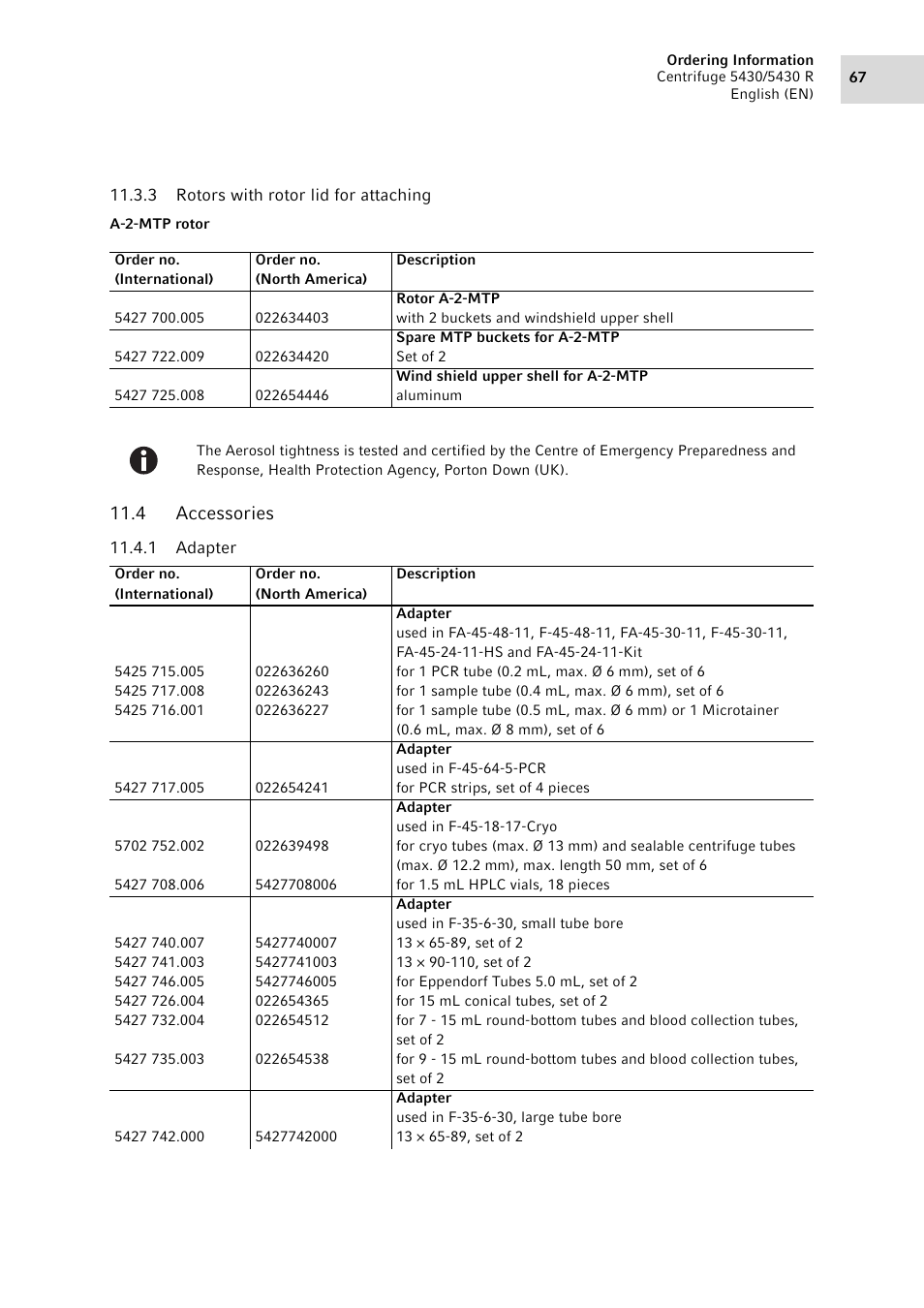 3 rotors with rotor lid for attaching, 4 accessories, 1 adapter | Rotors with rotor lid for attaching, Accessories 11.4.1, Adapter | Eppendorf 5430 R Centrifuge User Manual | Page 67 / 88