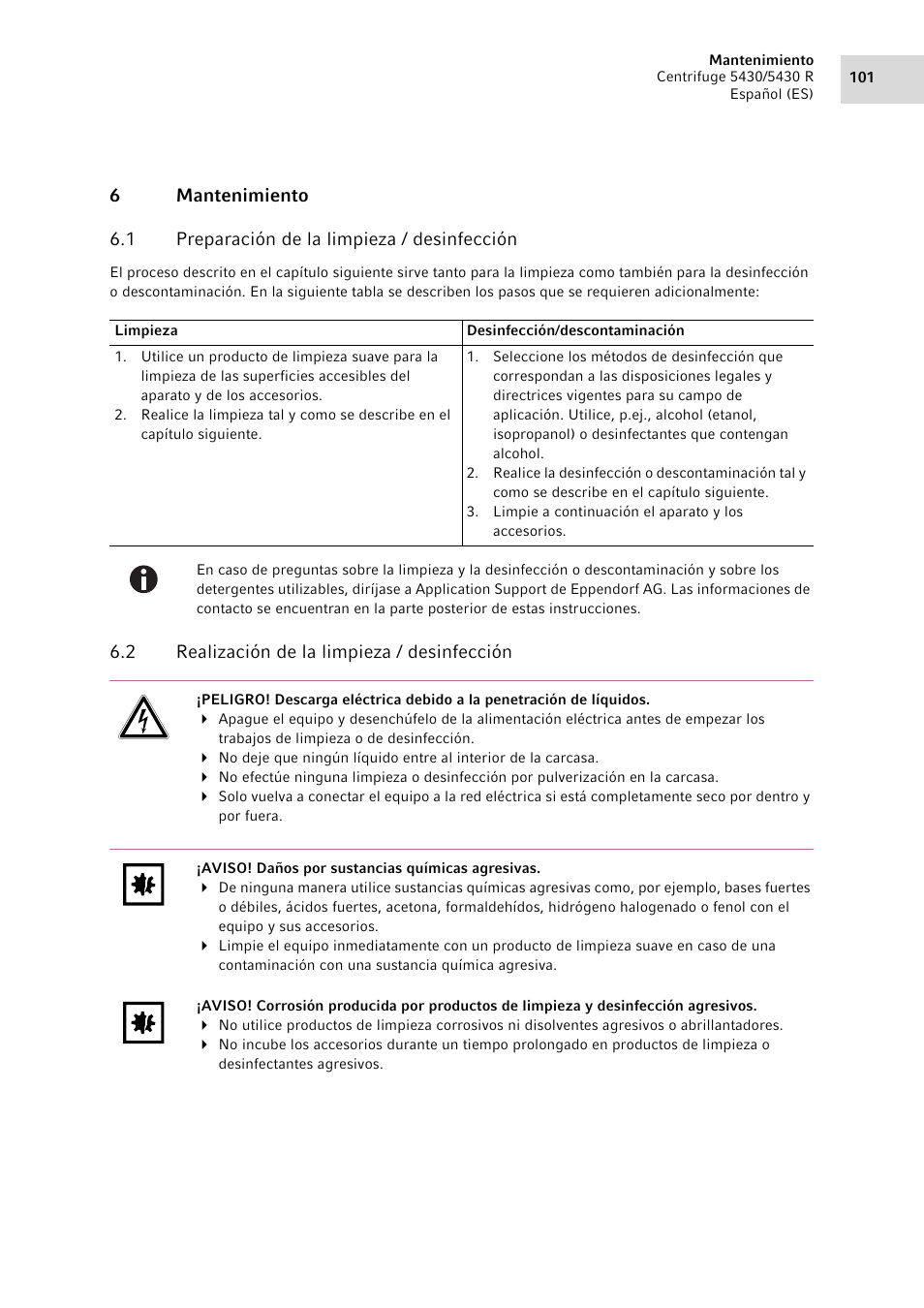 6 mantenimiento, 1 preparación de la limpieza / desinfección, 2 realización de la limpieza / desinfección | Mantenimiento 6.1, Preparación de la limpieza / desinfección, Realización de la limpieza / desinfección | Eppendorf 5430 R Centrifuge User Manual | Page 101 / 130