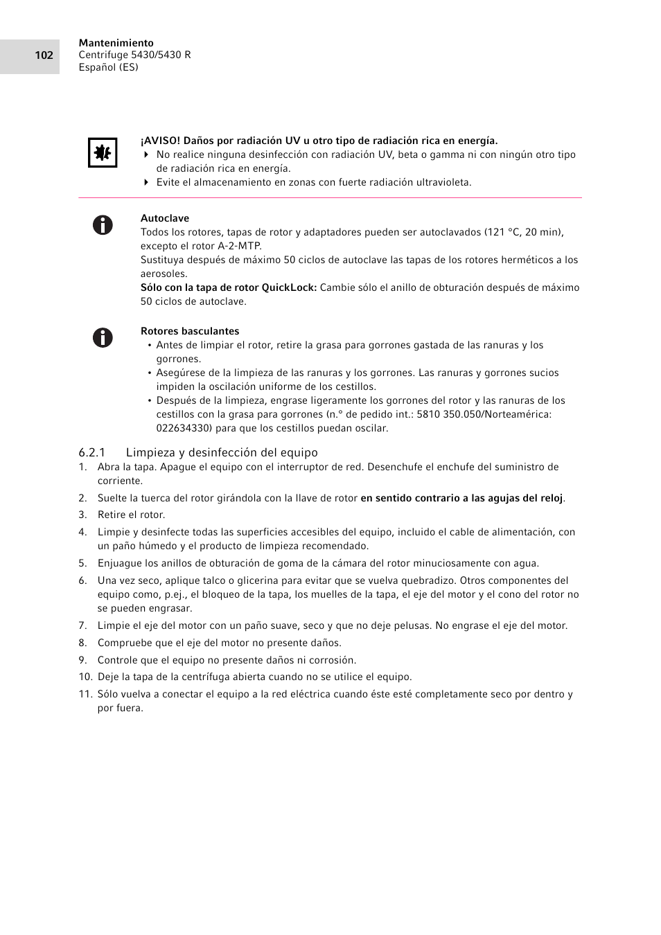 1 limpieza y desinfección del equipo, Limpieza y desinfección del equipo | Eppendorf 5430 R Centrifuge User Manual | Page 102 / 130