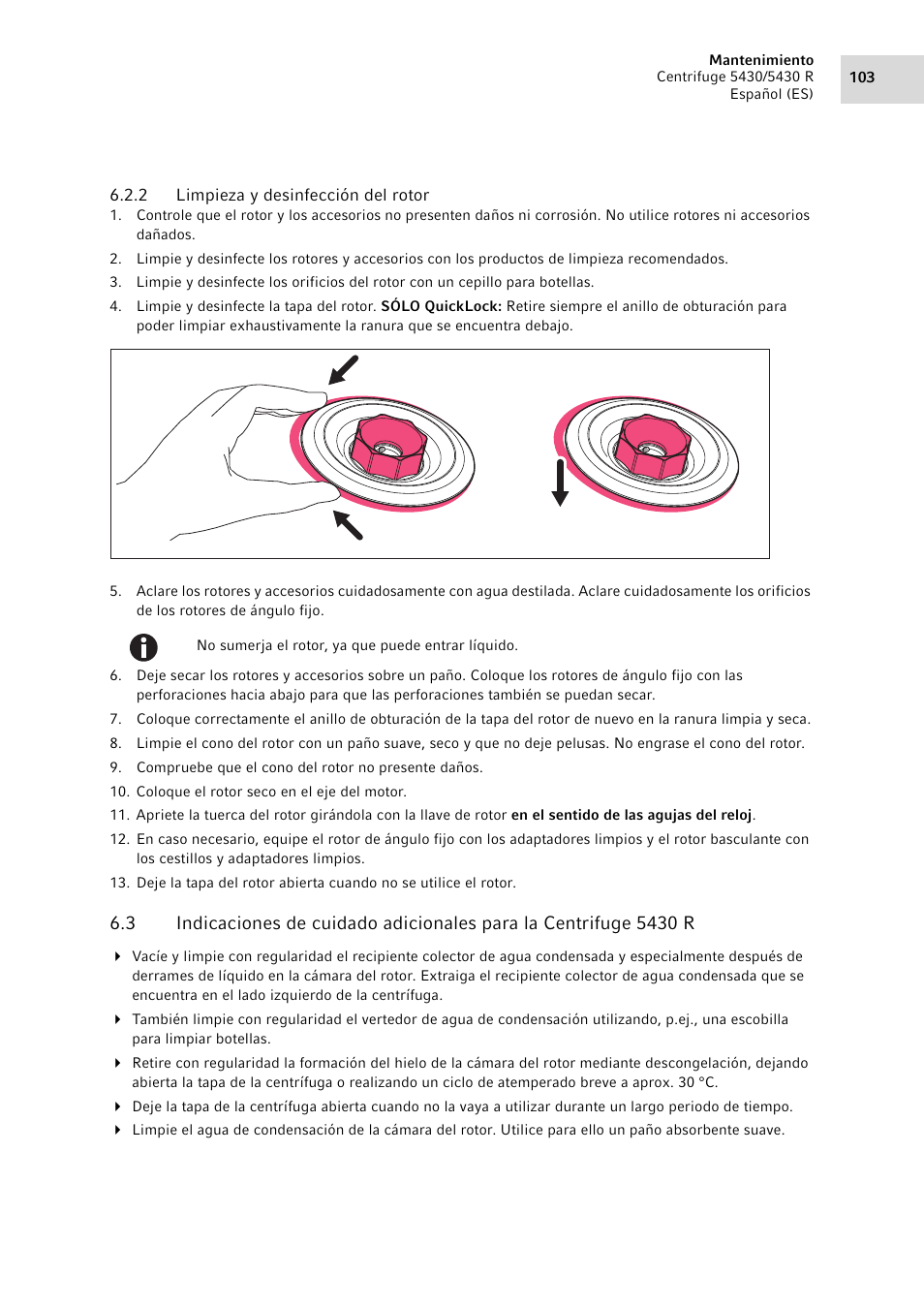 2 limpieza y desinfección del rotor, Limpieza y desinfección del rotor | Eppendorf 5430 R Centrifuge User Manual | Page 103 / 130