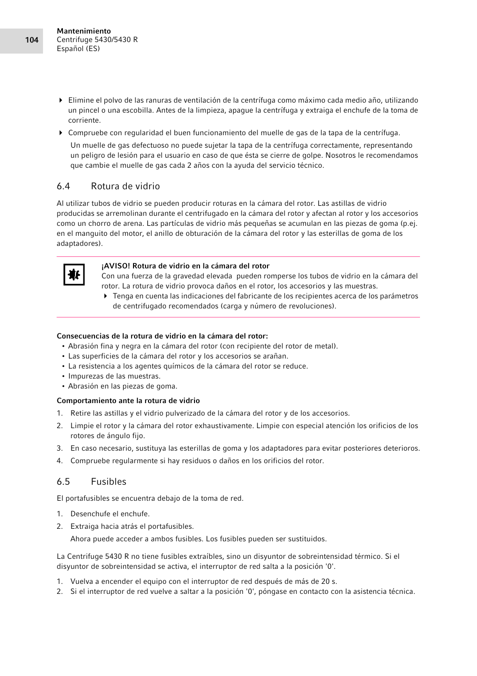 4 rotura de vidrio, 5 fusibles, Rotura de vidrio | Fusibles, S (ver fusibles en pág. 104) | Eppendorf 5430 R Centrifuge User Manual | Page 104 / 130