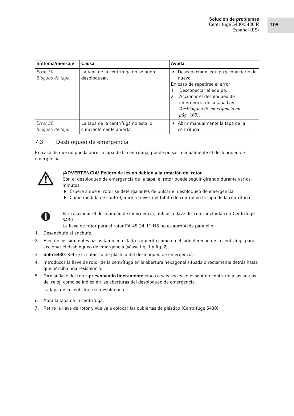 3 desbloqueo de emergencia, Desbloqueo de emergencia, Ato (ver desbloqueo de emergencia en pág. 109) | Eppendorf 5430 R Centrifuge User Manual | Page 109 / 130
